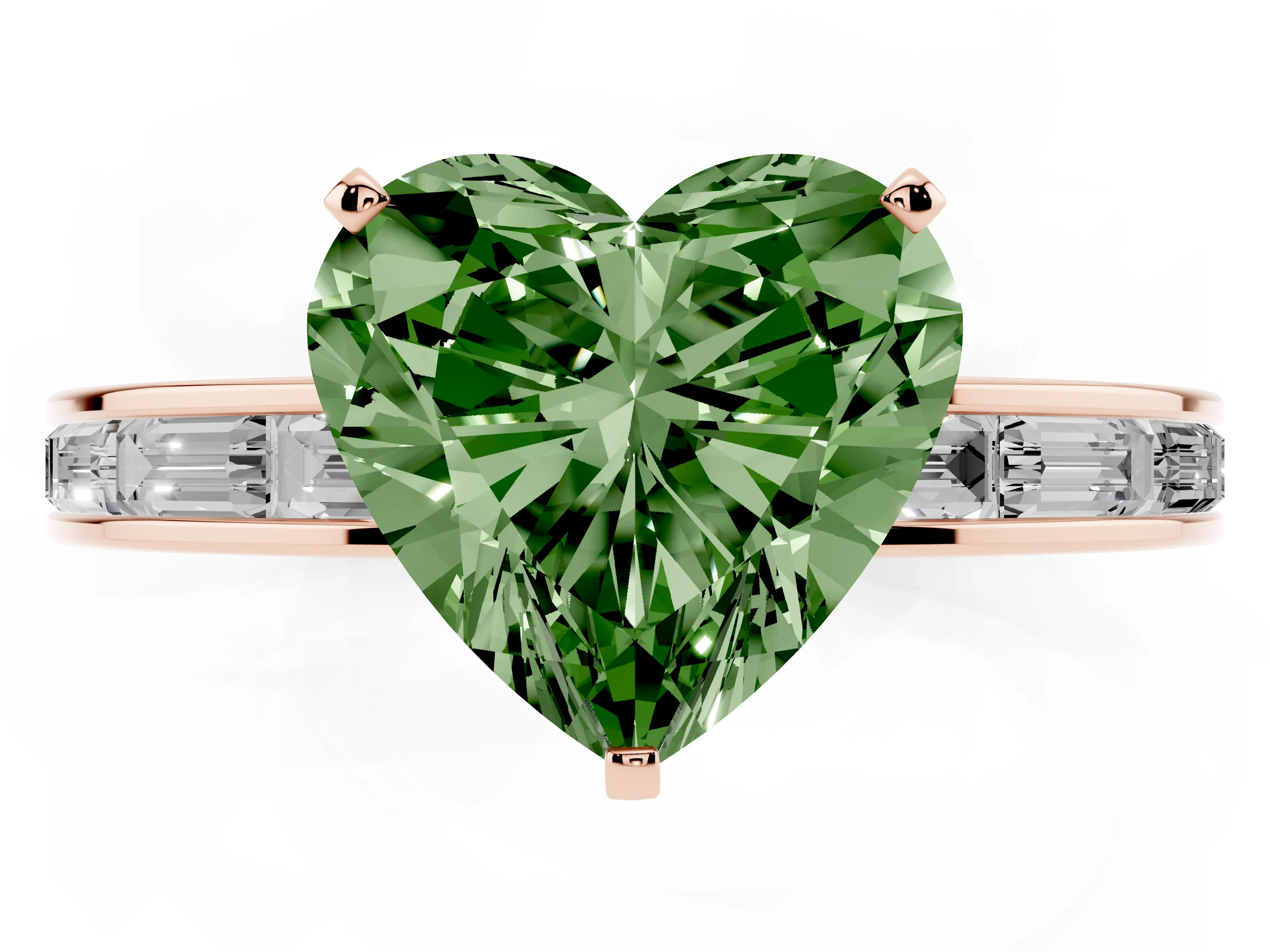 Fancy Green Heart Cut Diamond Solitaire Ring Set in Rose gold with Channel-Set Baguette Band and Prong Setting