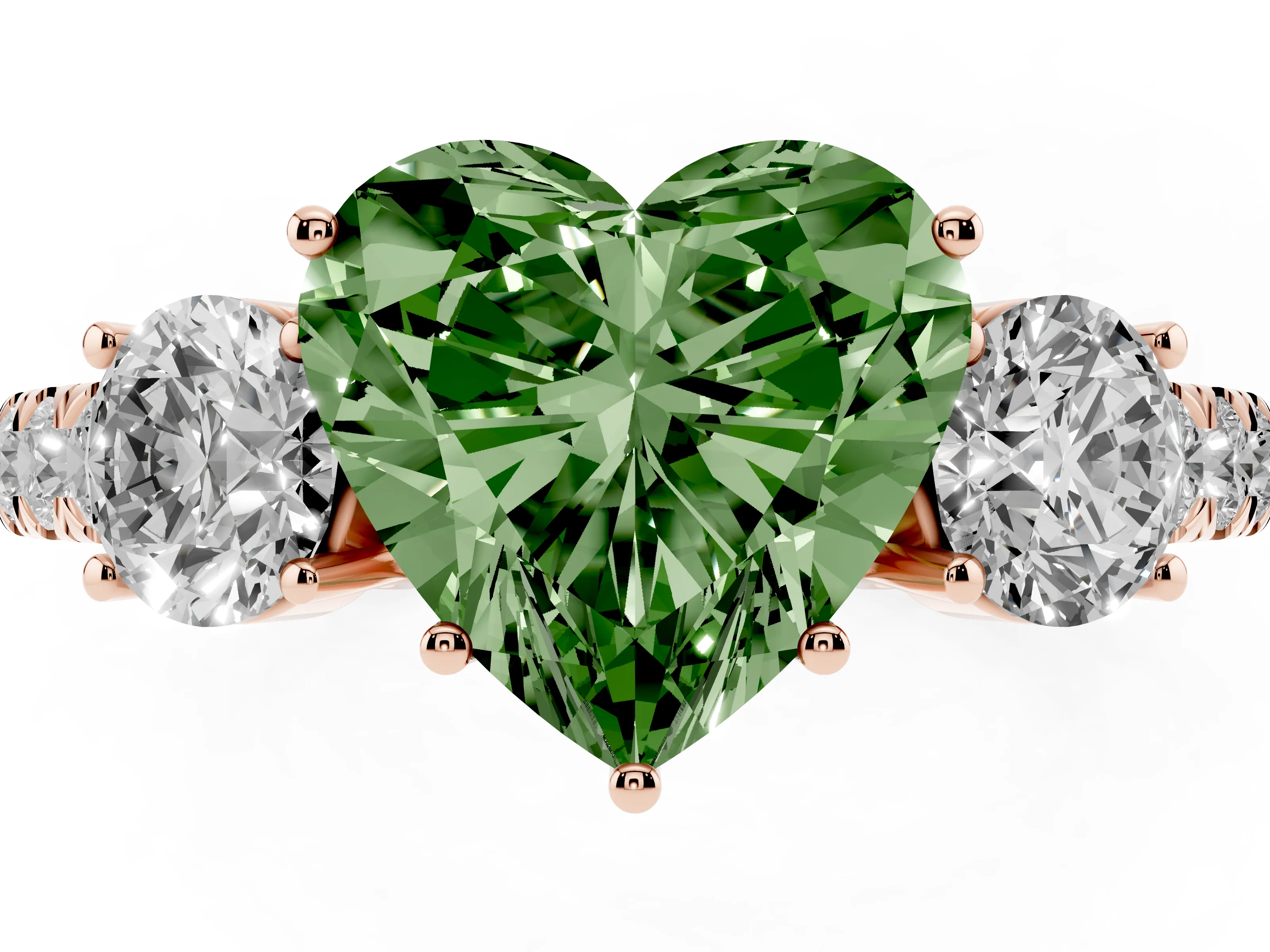 Fancy Green Heart Cut Diamond Three-Stone Ring Set in Rose gold with Round Side Stones and Delicate Pavé Band