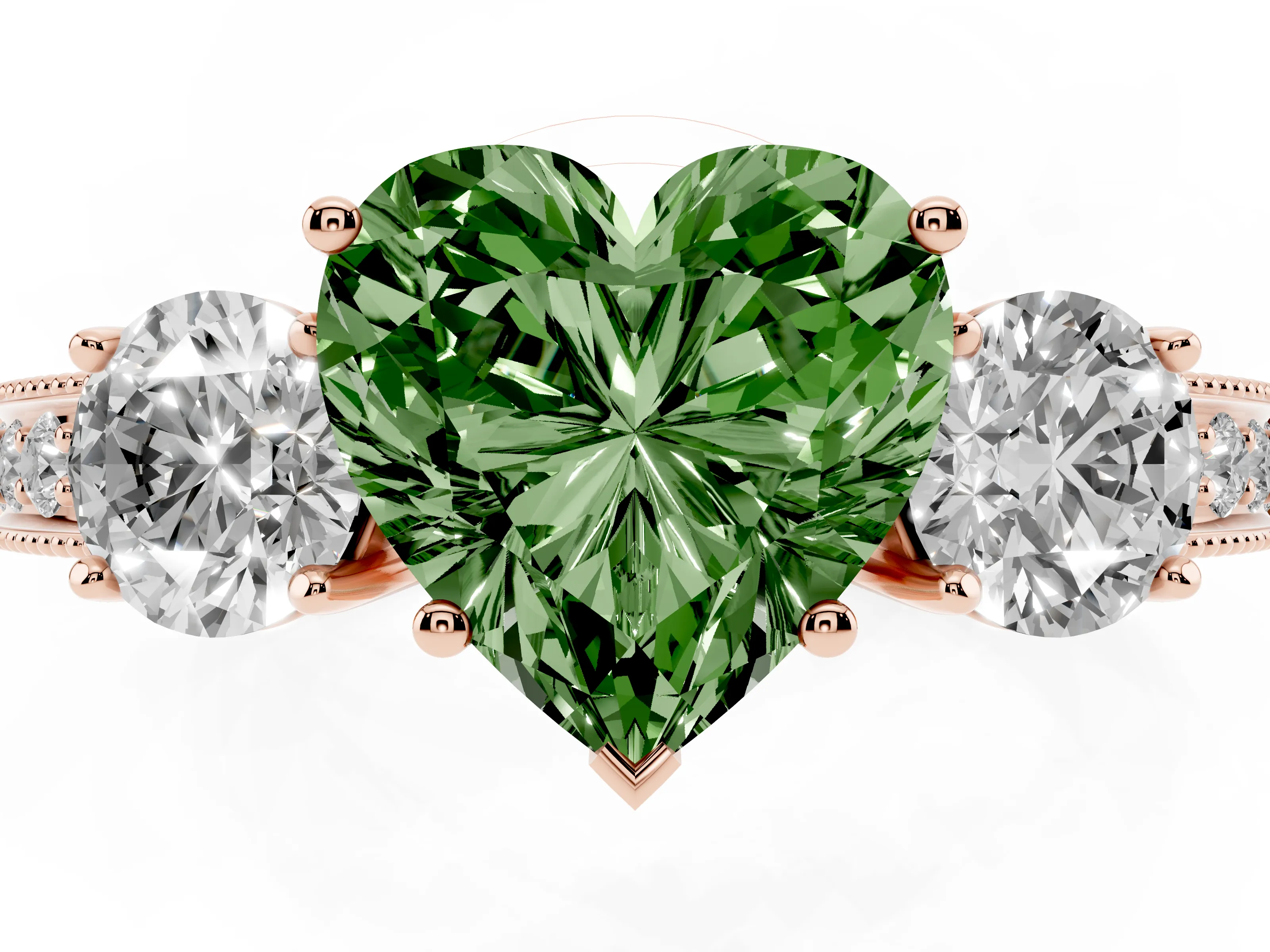 Fancy Green Heart Cut Diamond Three-Stone Ring Set in Rose gold with Round Side Stones and Pavé Band
