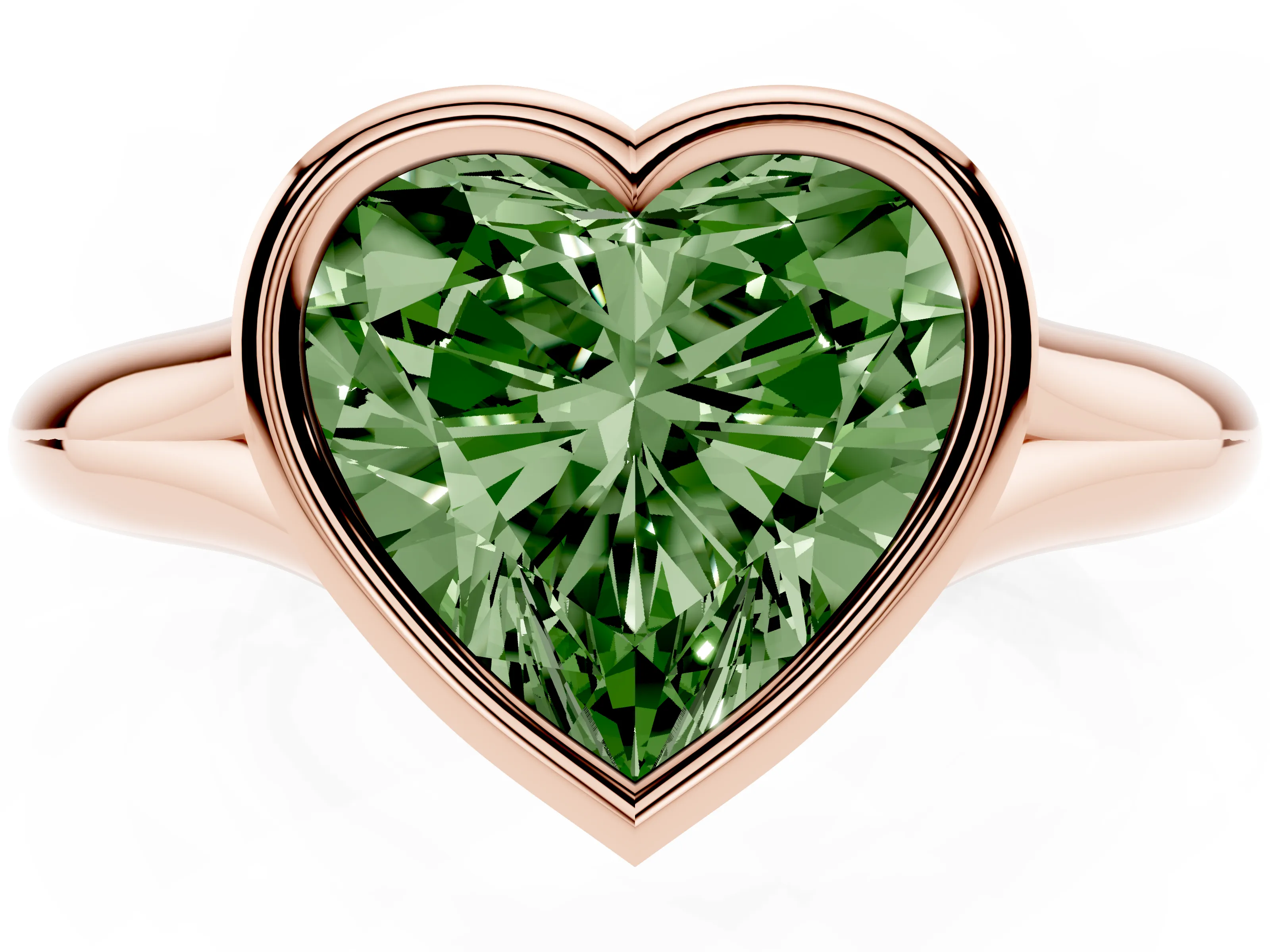 Fancy Green Bezel Set Heart Cut Diamond Solitaire Ring Set in Rose gold with Smooth Band