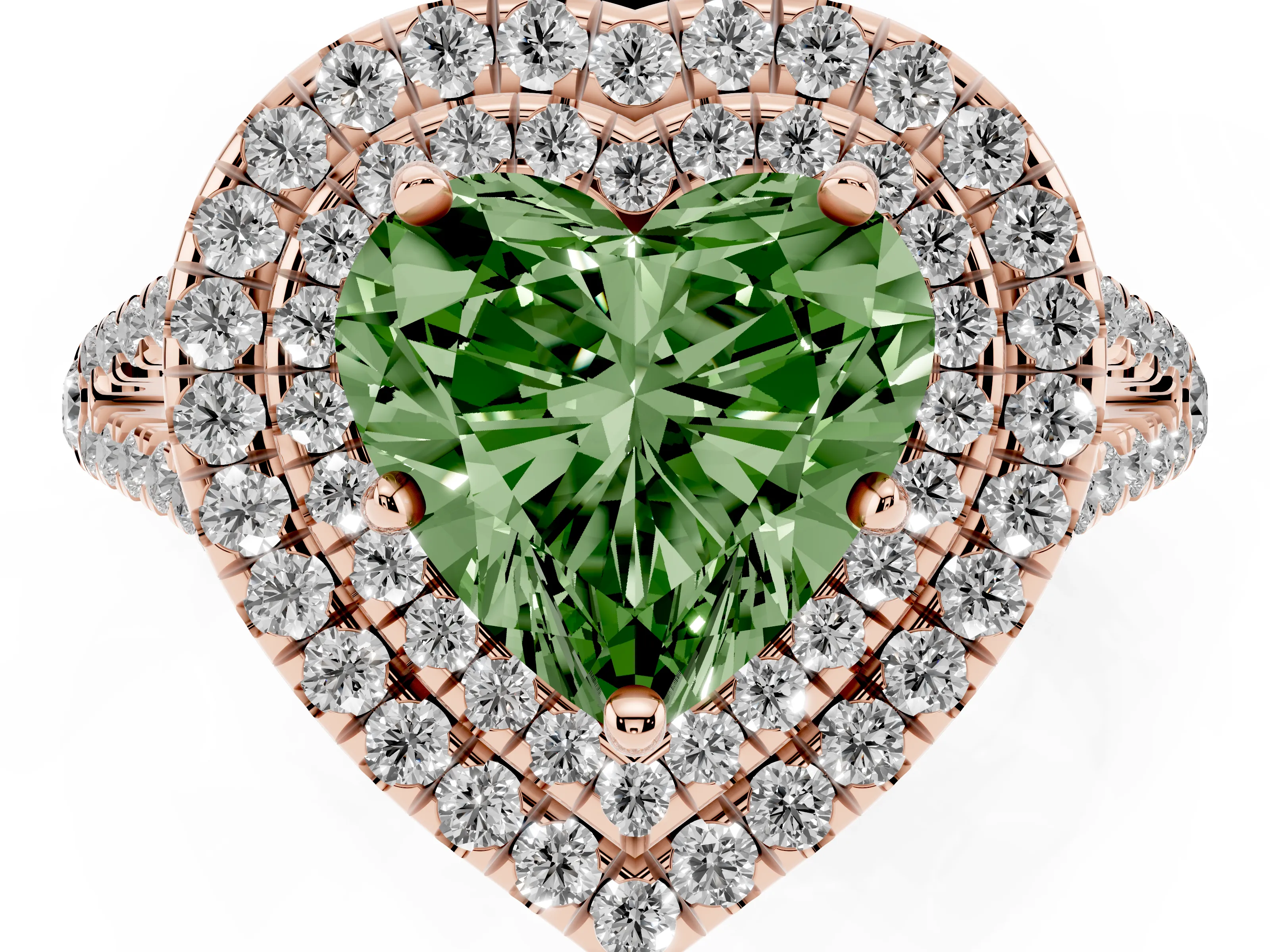 Fancy Green Heart Cut Diamond Double Halo Ring Set in Rose gold with Pavé Band
