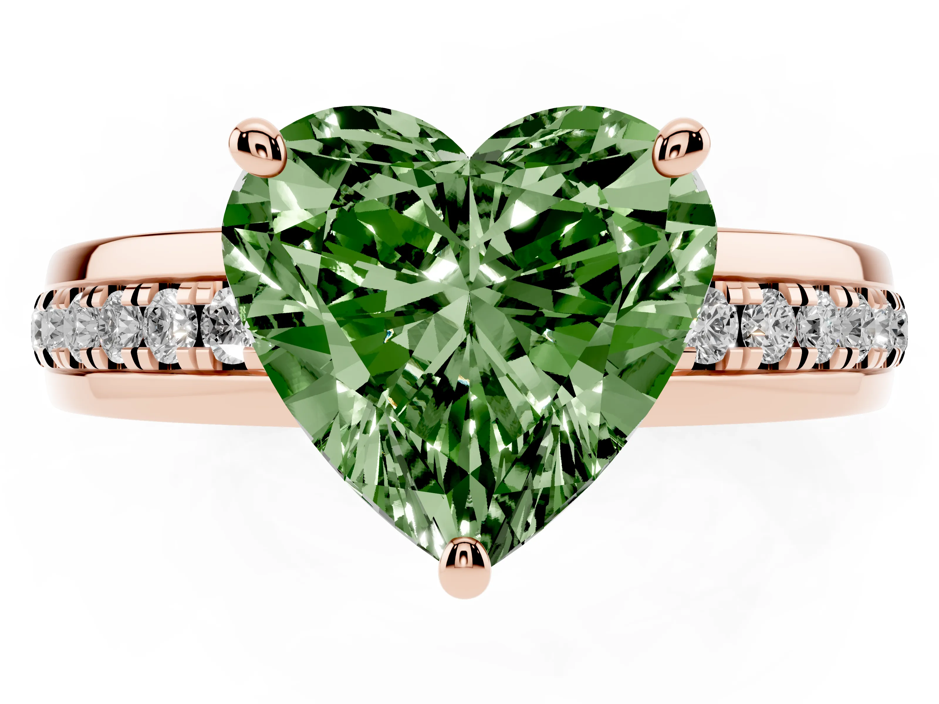 Fancy Green Heart Cut Diamond Solitaire Ring Set in Rose gold with Channel Set Band and Prong Setting