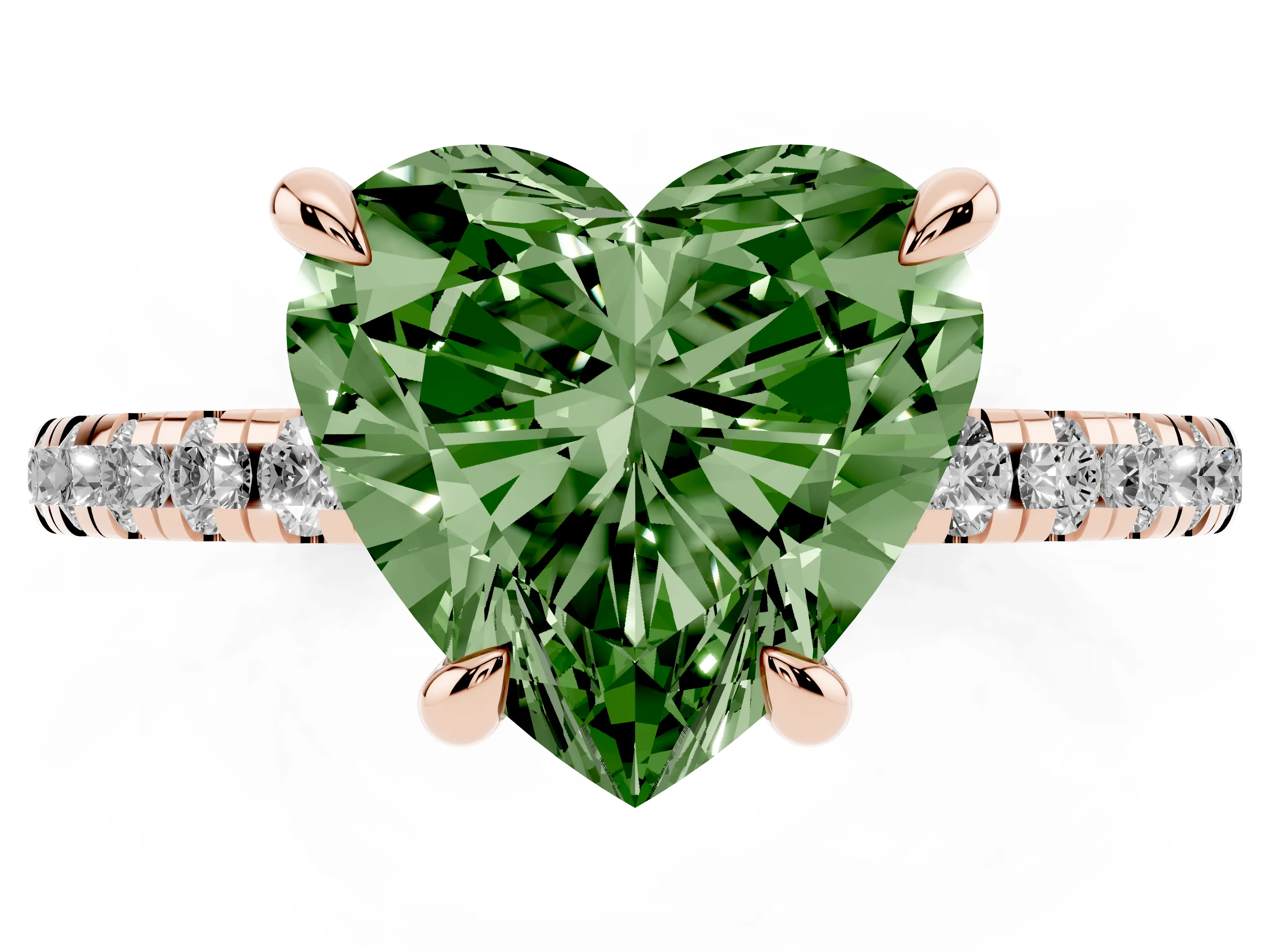 Fancy Green Heart Cut Diamond Brilliant Solitaire Ring Set in Rose gold with Pavé Band and Prong Setting