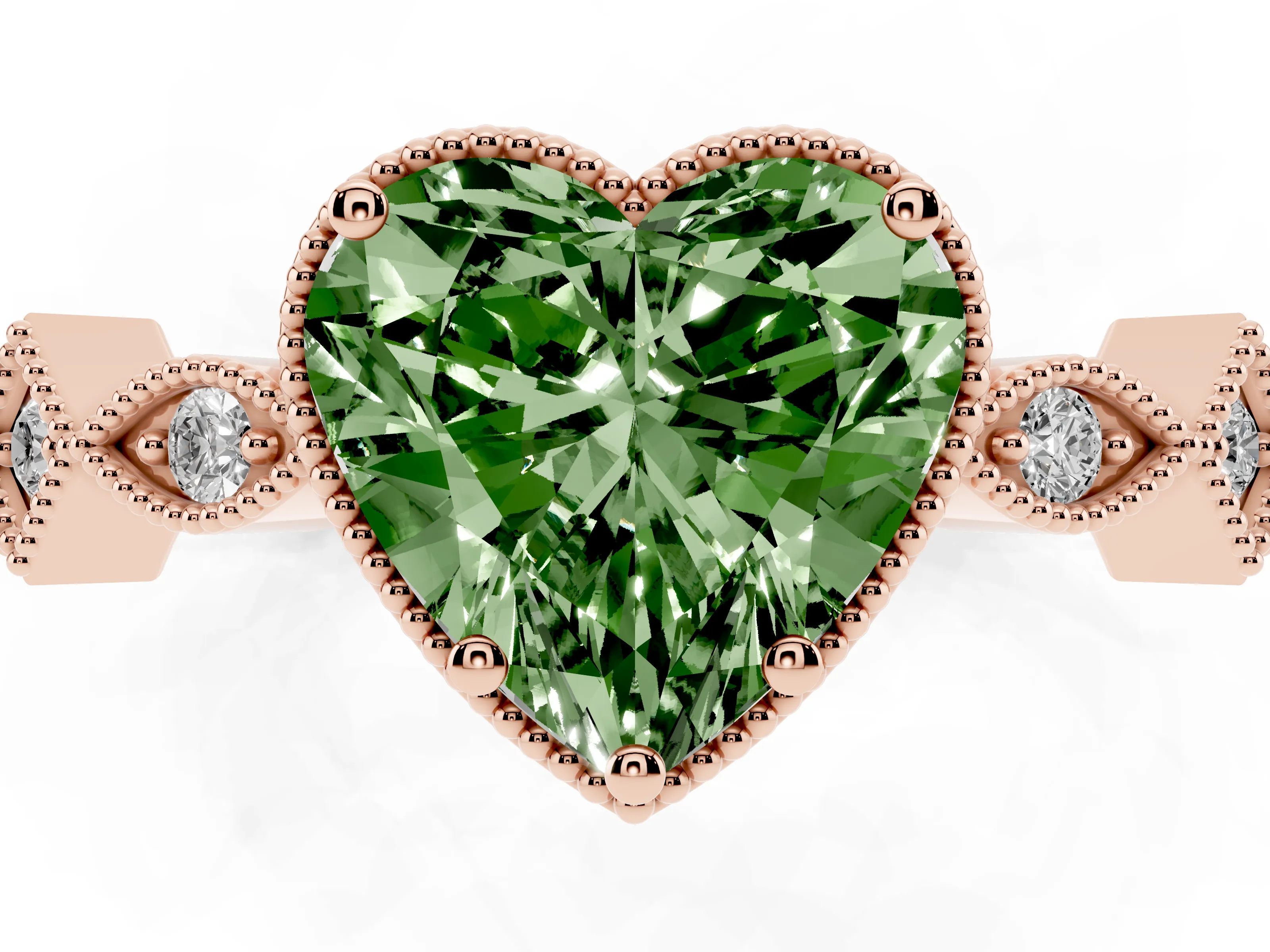 Fancy Green Heart Cut Diamond Milgrain Marquise Twist Band Ring Set in Rose gold with Prong Setting
