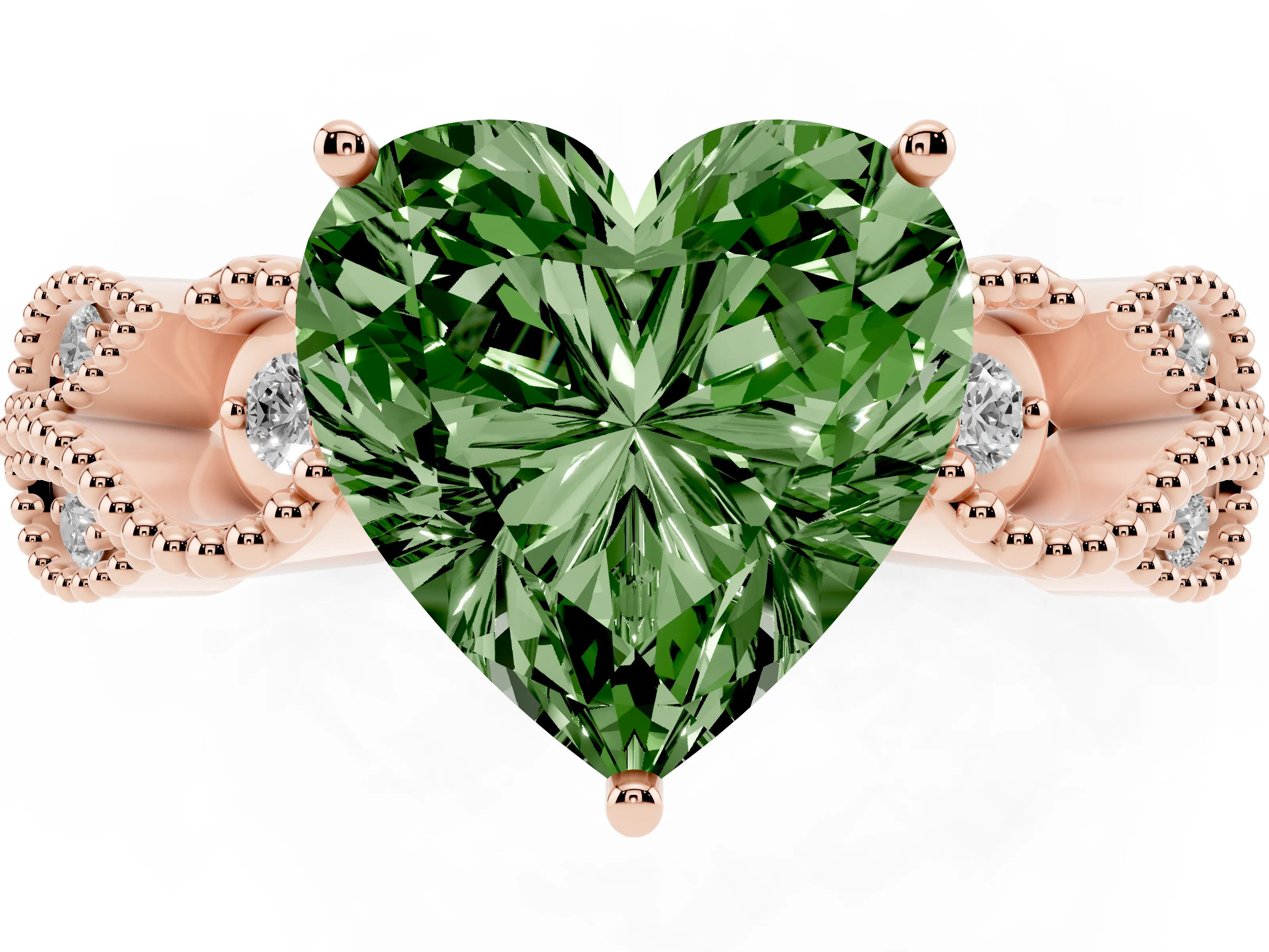 Fancy Green Heart Cut Diamond Milgrain Leaf Band Solitaire Ring Set in Rose gold with Accent Stones and Prong Setting