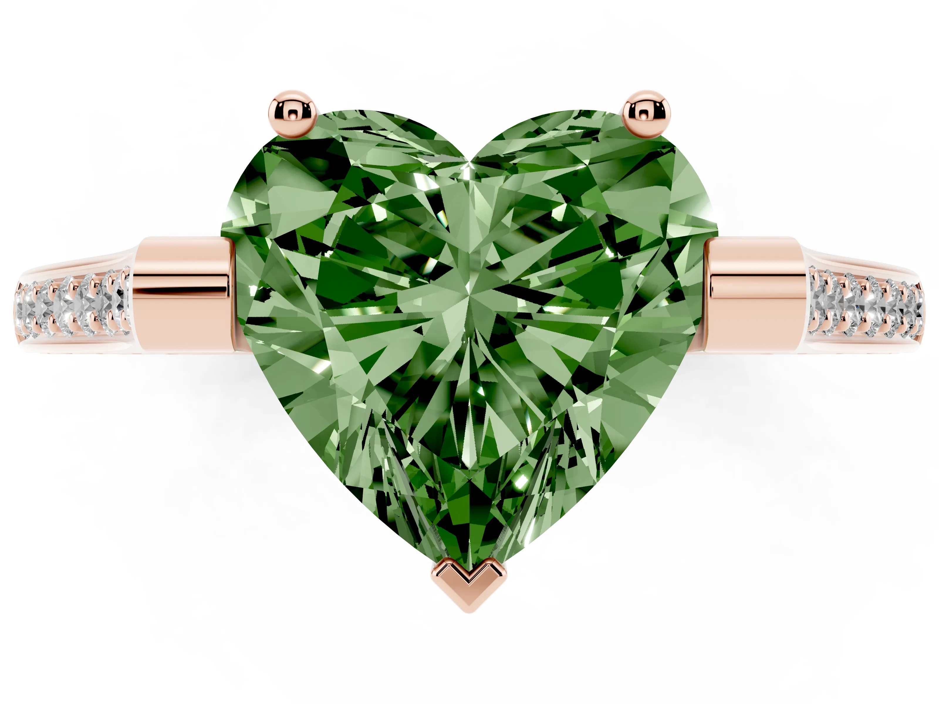 Fancy Green Heart Cut Diamond Solitaire Ring Set in Rose gold with Channel Set Band and Bezel Prong Setting