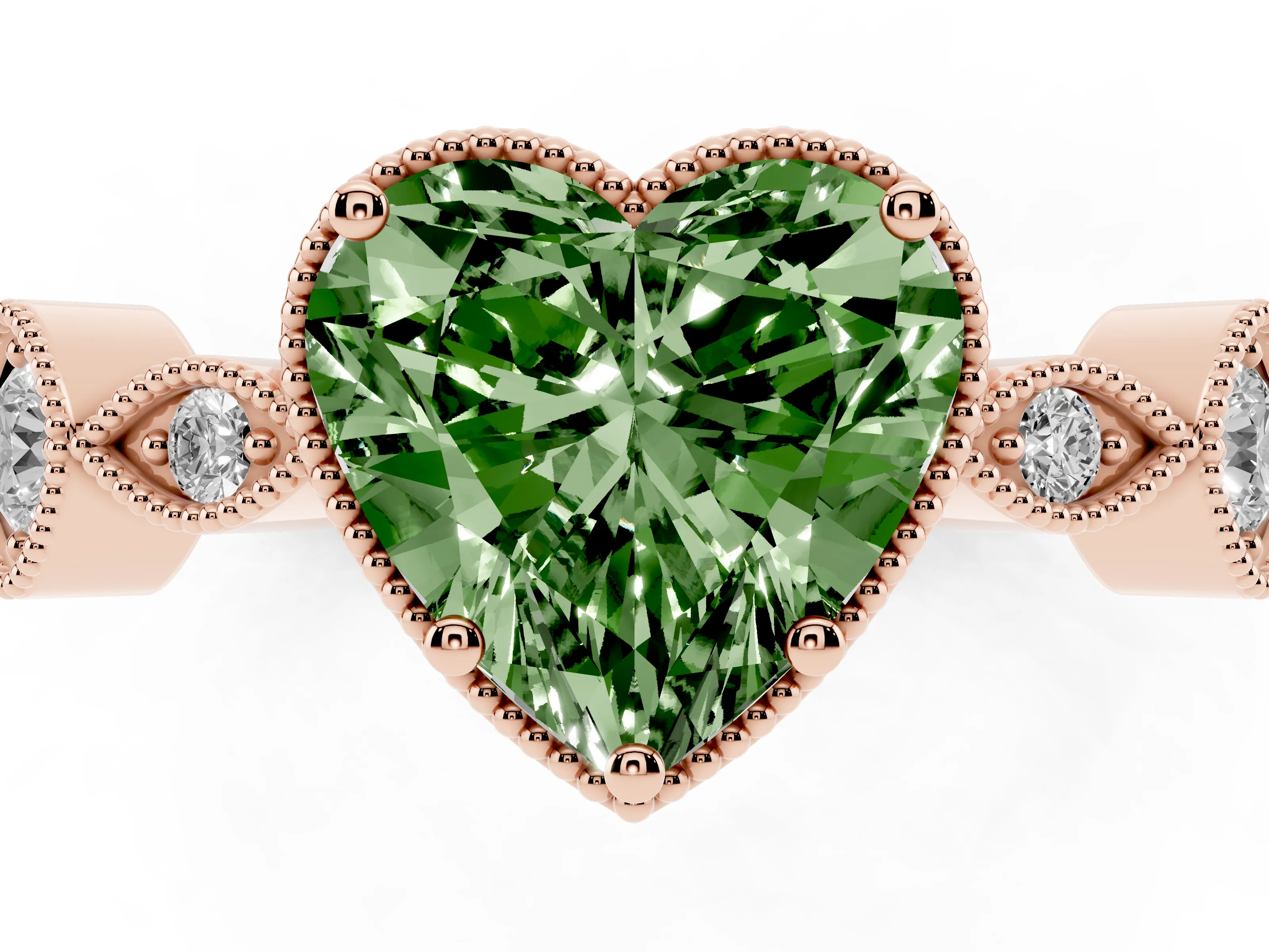Fancy Green Heart Cut Diamond Vintage-Inspired Milgrain Ring Set in Rose gold with Marquise Stations of Round Accents