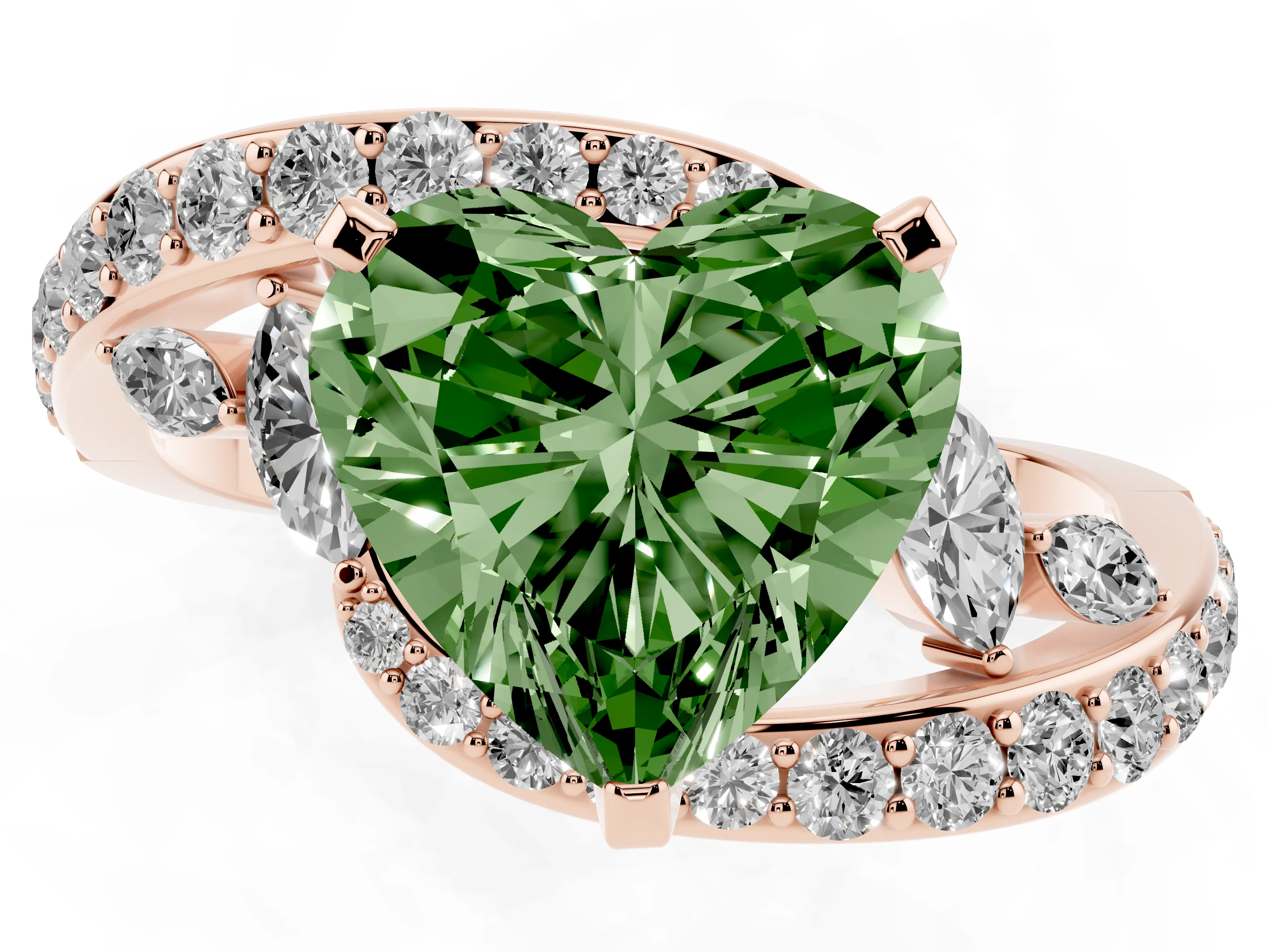 Fancy Green Heart Cut Diamond Solitaire Ring Set in Rose gold with Pavé Twist Band and Secure Prong Setting