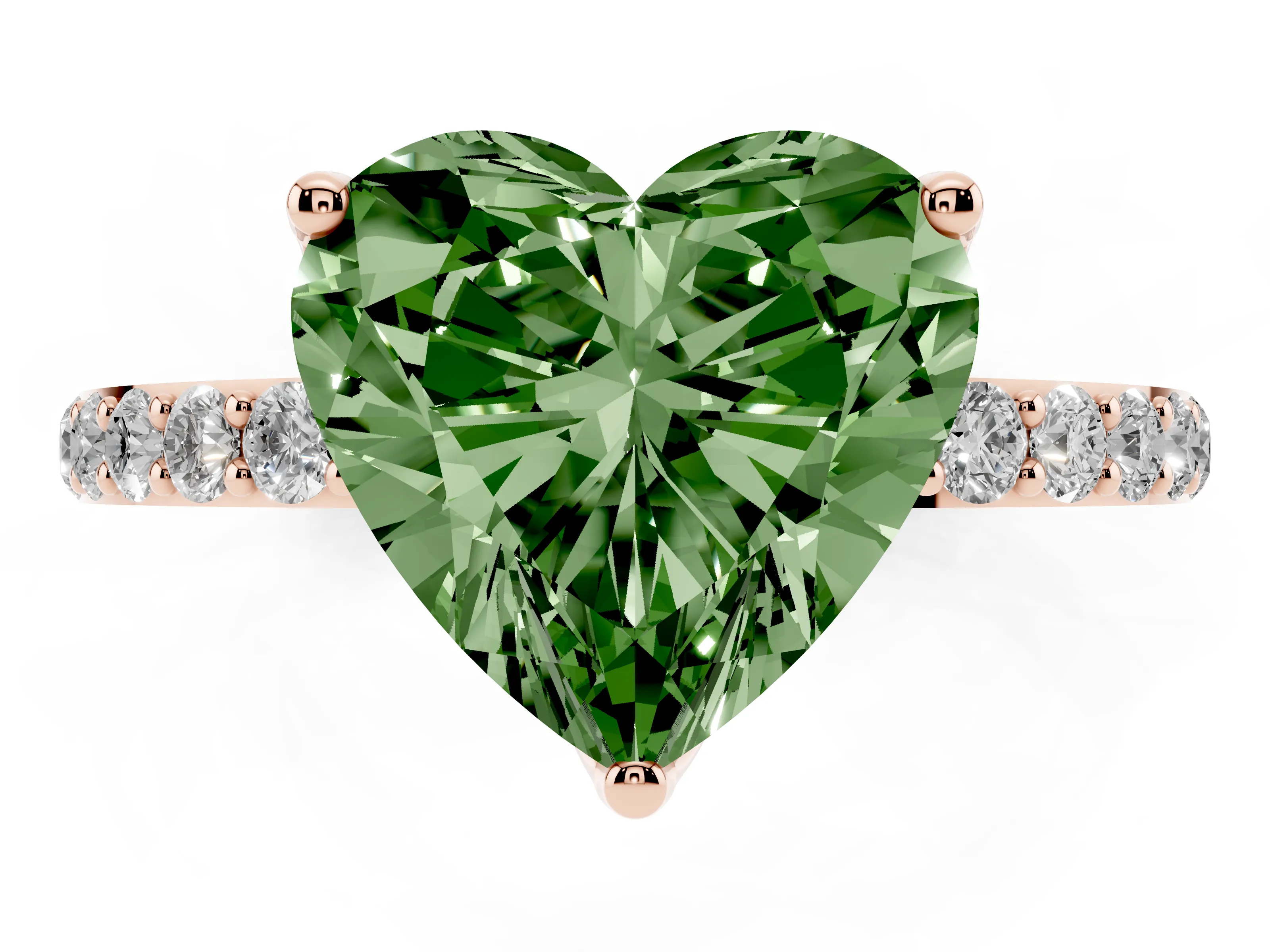 Fancy Green Heart Cut Diamond Solitaire Engagement Ring Set in Rose gold with Round Pavé Band and Prong Setting