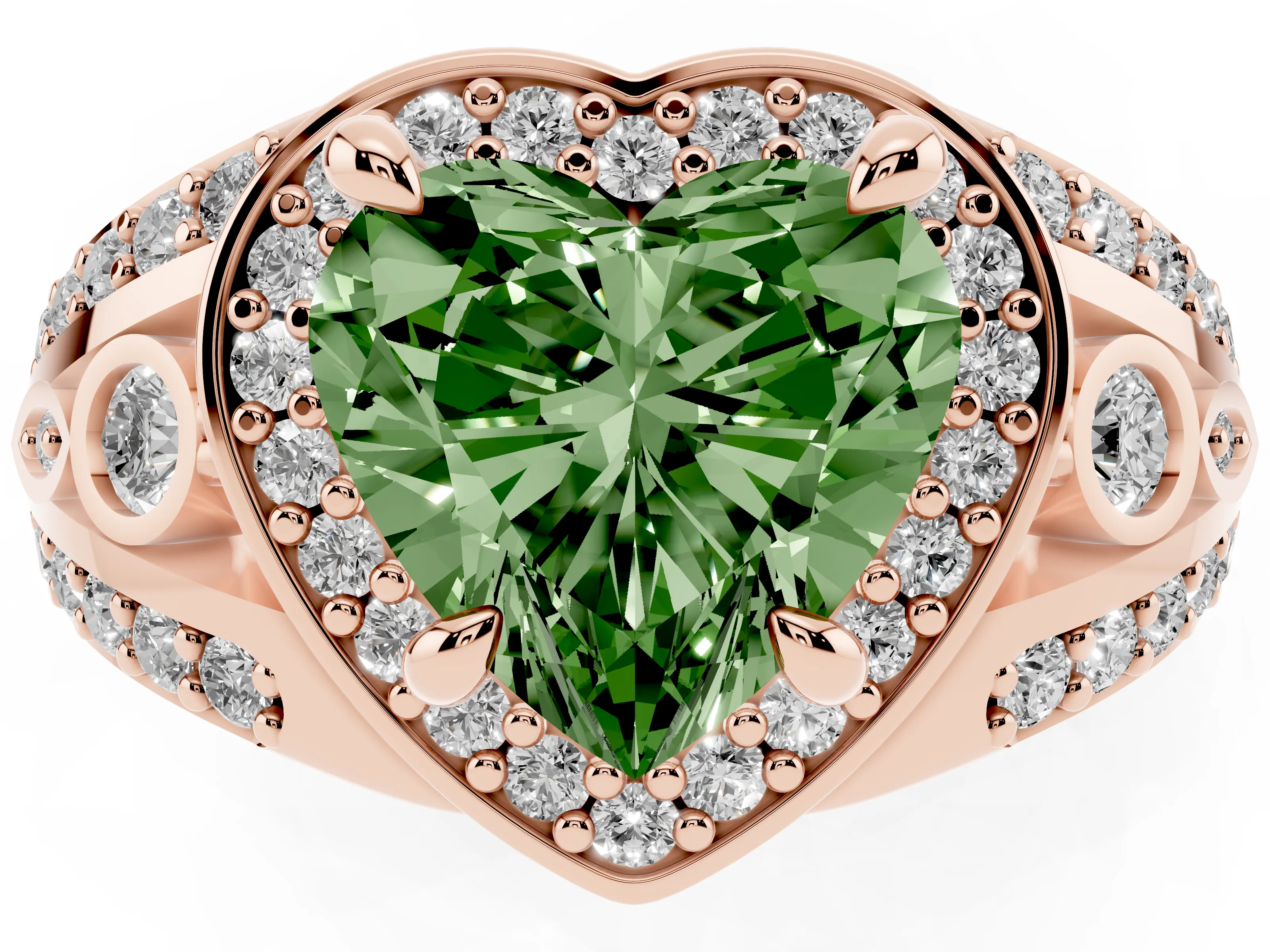 Fancy Green Heart Cut Diamond Halo Ring Set in Rose gold with Pavé Split Shank and Bezel Accents