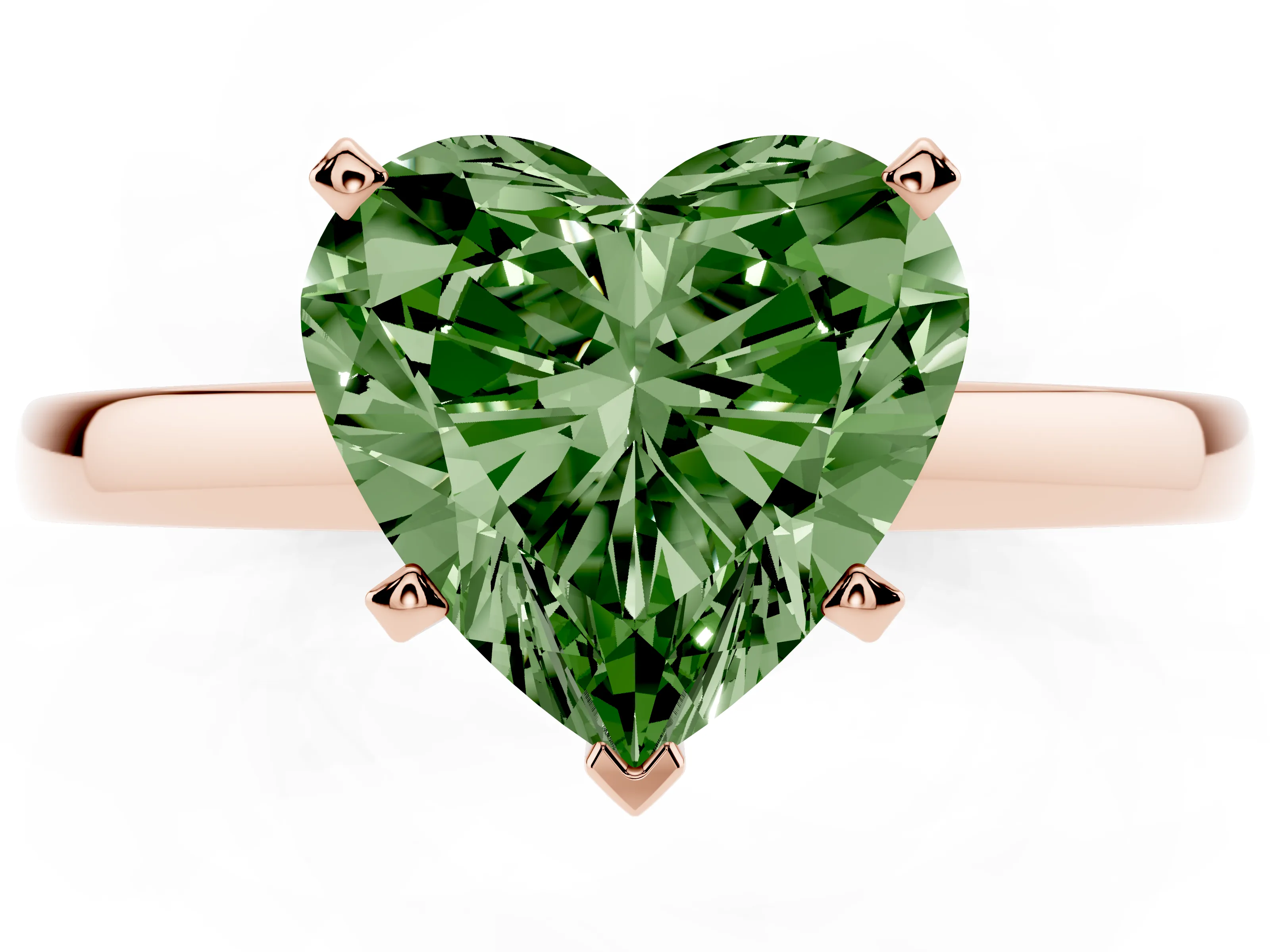 Fancy Green Heart Cut Diamond Solitaire Engagement Ring Set in Rose gold with Prong Setting on a Classic Band