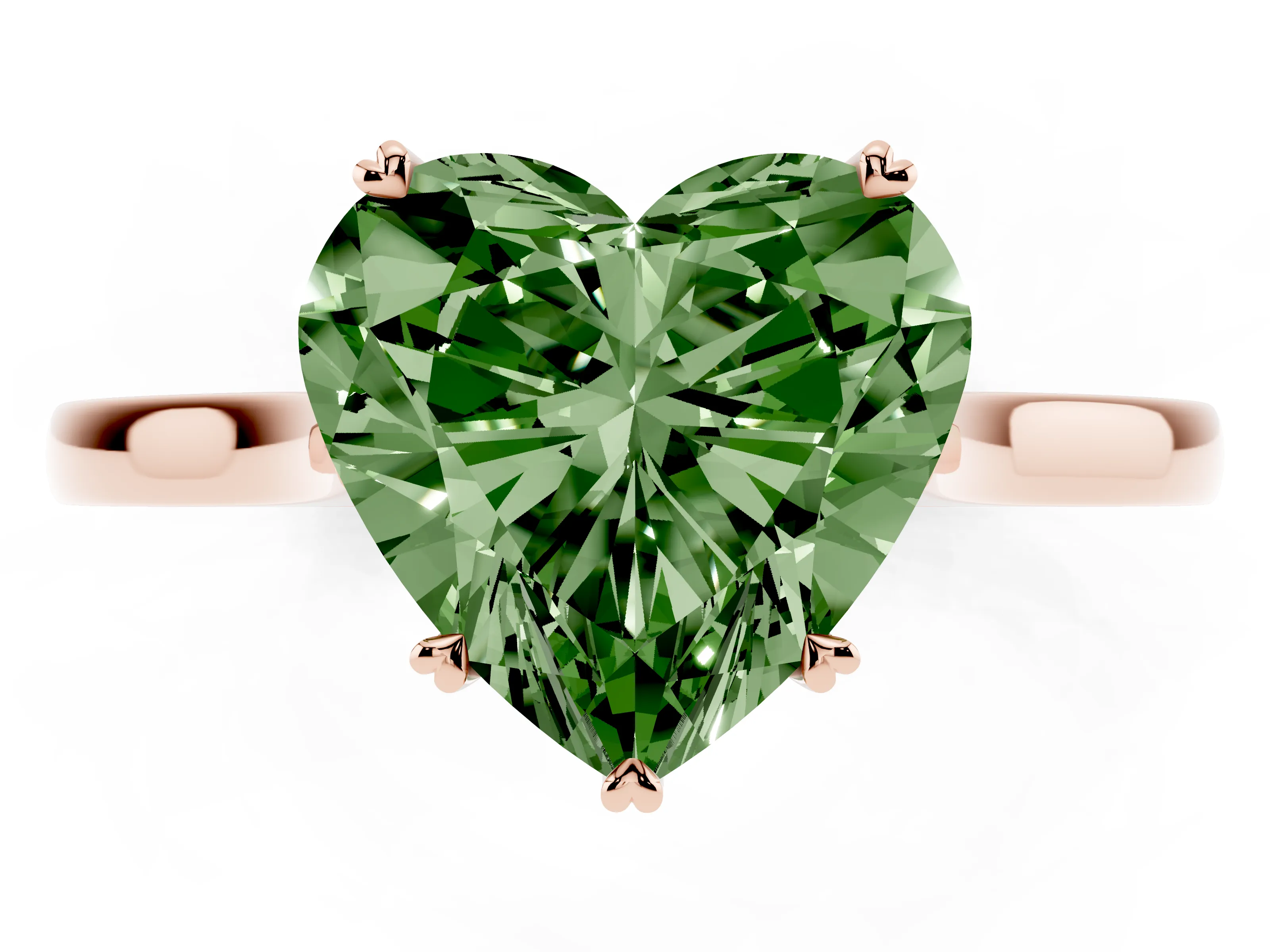 Fancy Green Heart Cut Diamond Solitaire Heart Prong Engagement Ring Set in Rose gold with Tapered Band