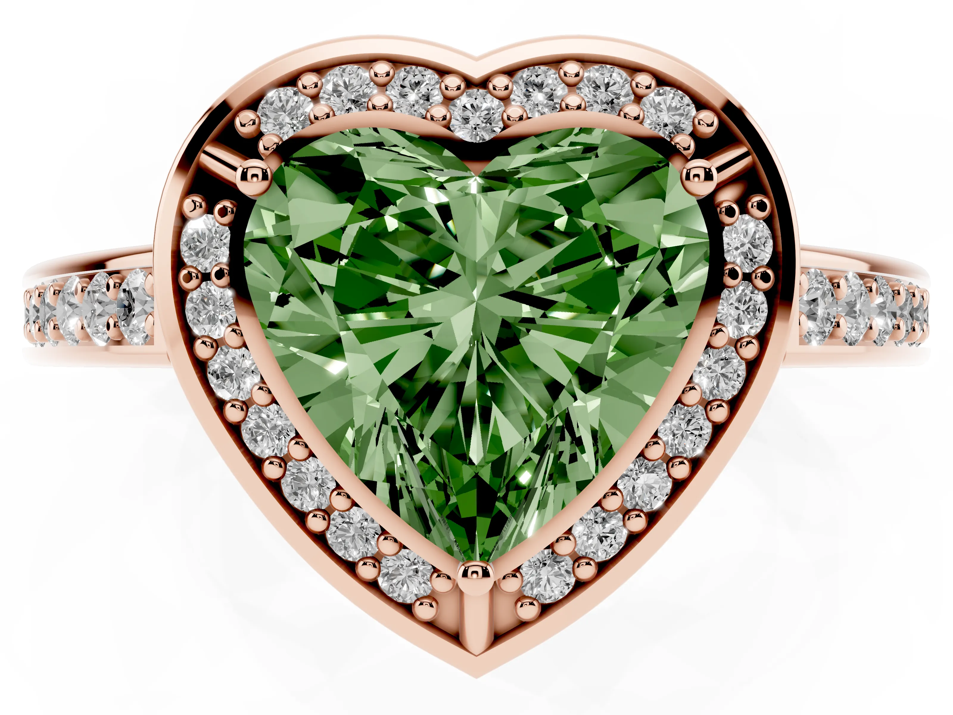 Fancy Green Heart Cut Diamond Halo Pavé Split Shank Ring Set in Rose gold with Prong Setting