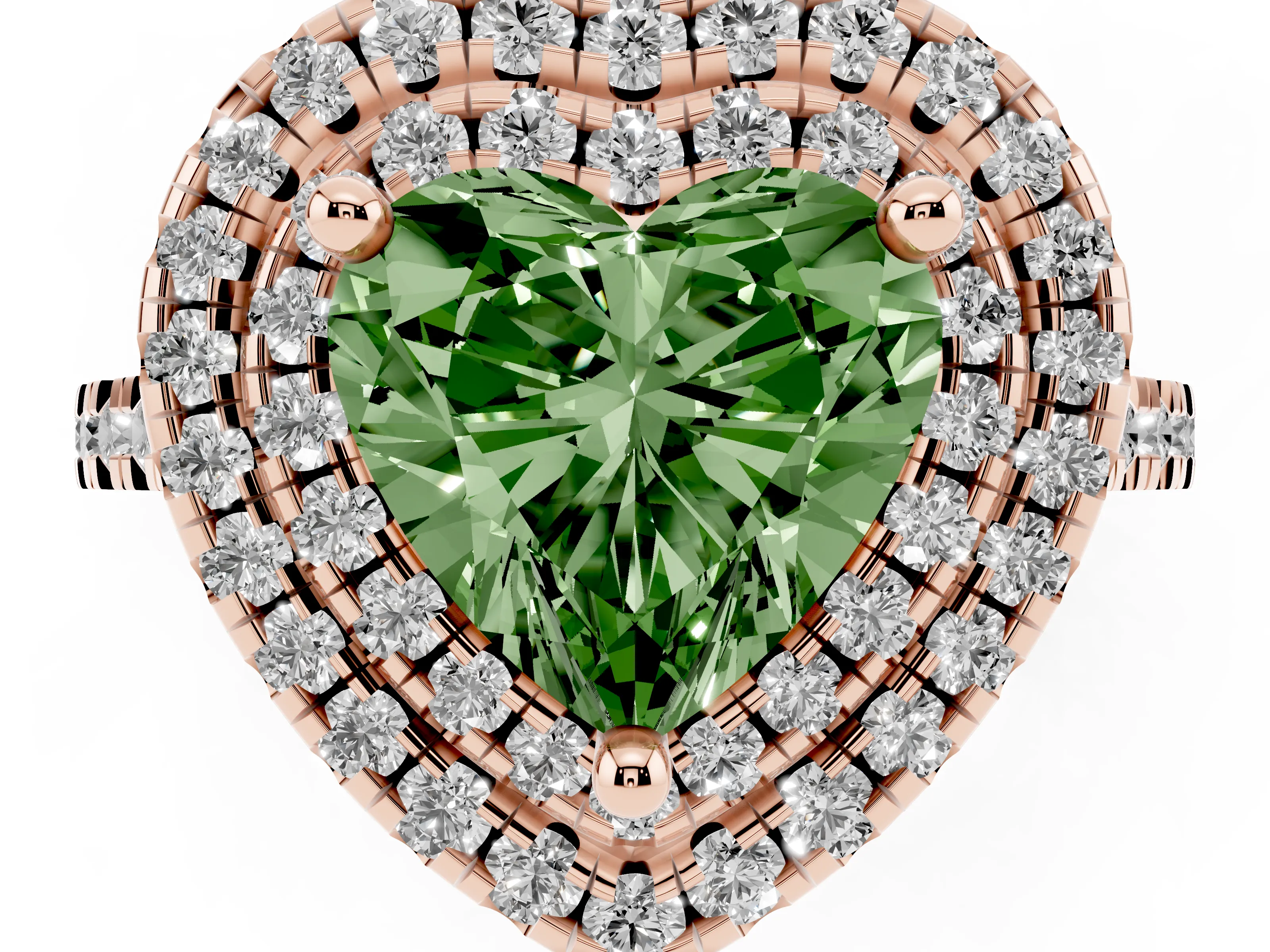 Fancy Green Heart Cut Diamond Double Halo Statement Ring Set in Rose gold with Pavé Band