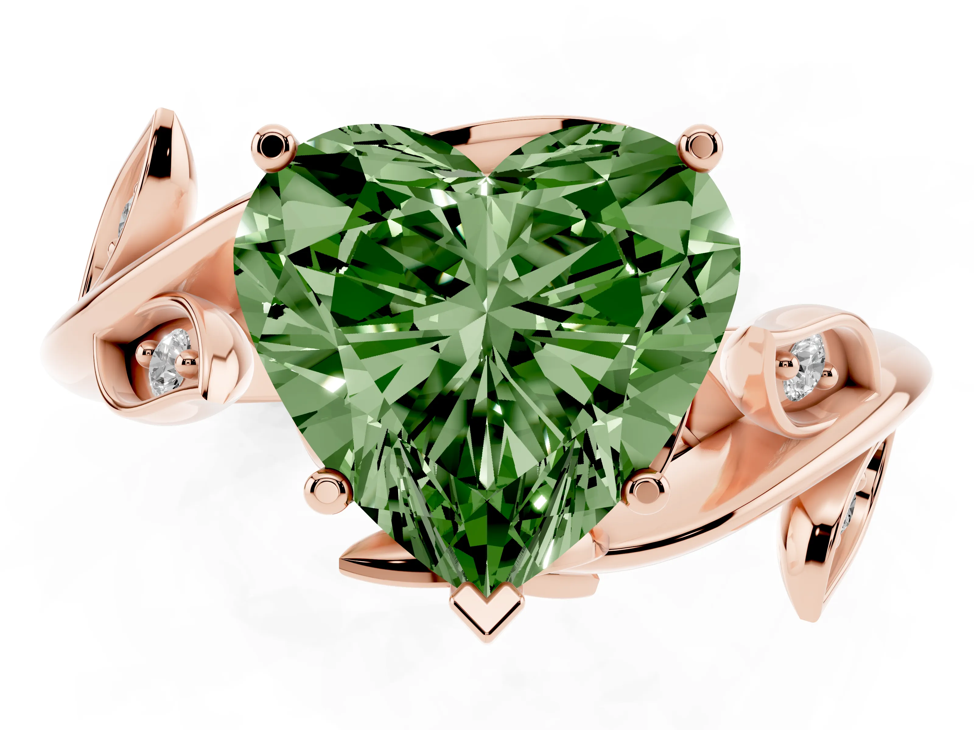 Fancy Green Heart Cut Diamond Solitaire Twist Engagement Ring Set in Rose gold with Pavé Leaf Accents
