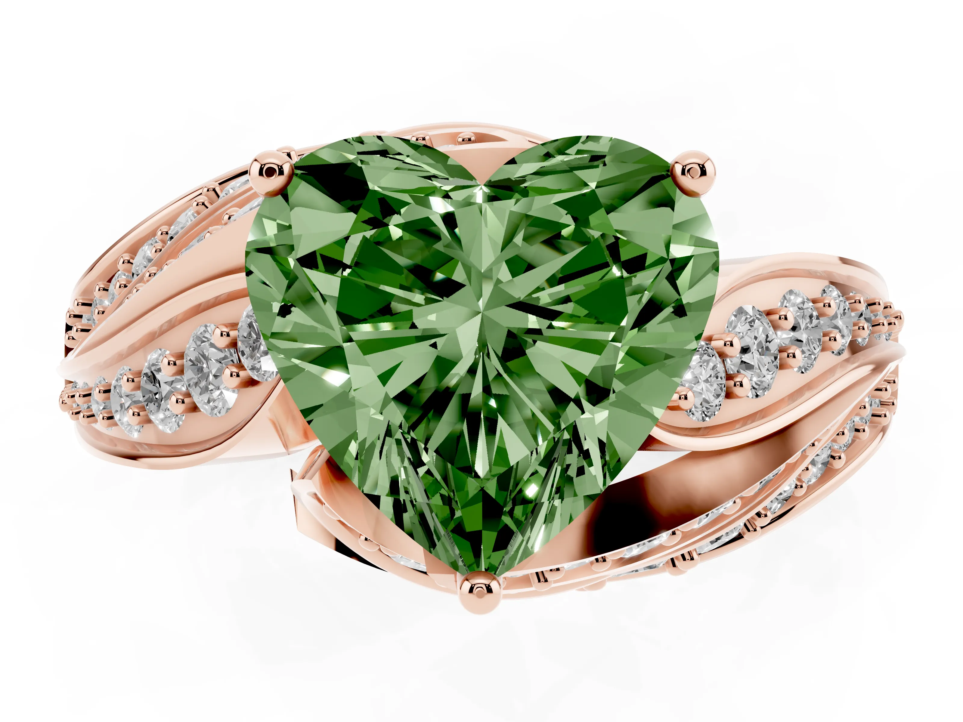 Fancy Green Heart Cut Diamond Solitaire Ring Set in Rose gold with Layered Twist Pavé Band