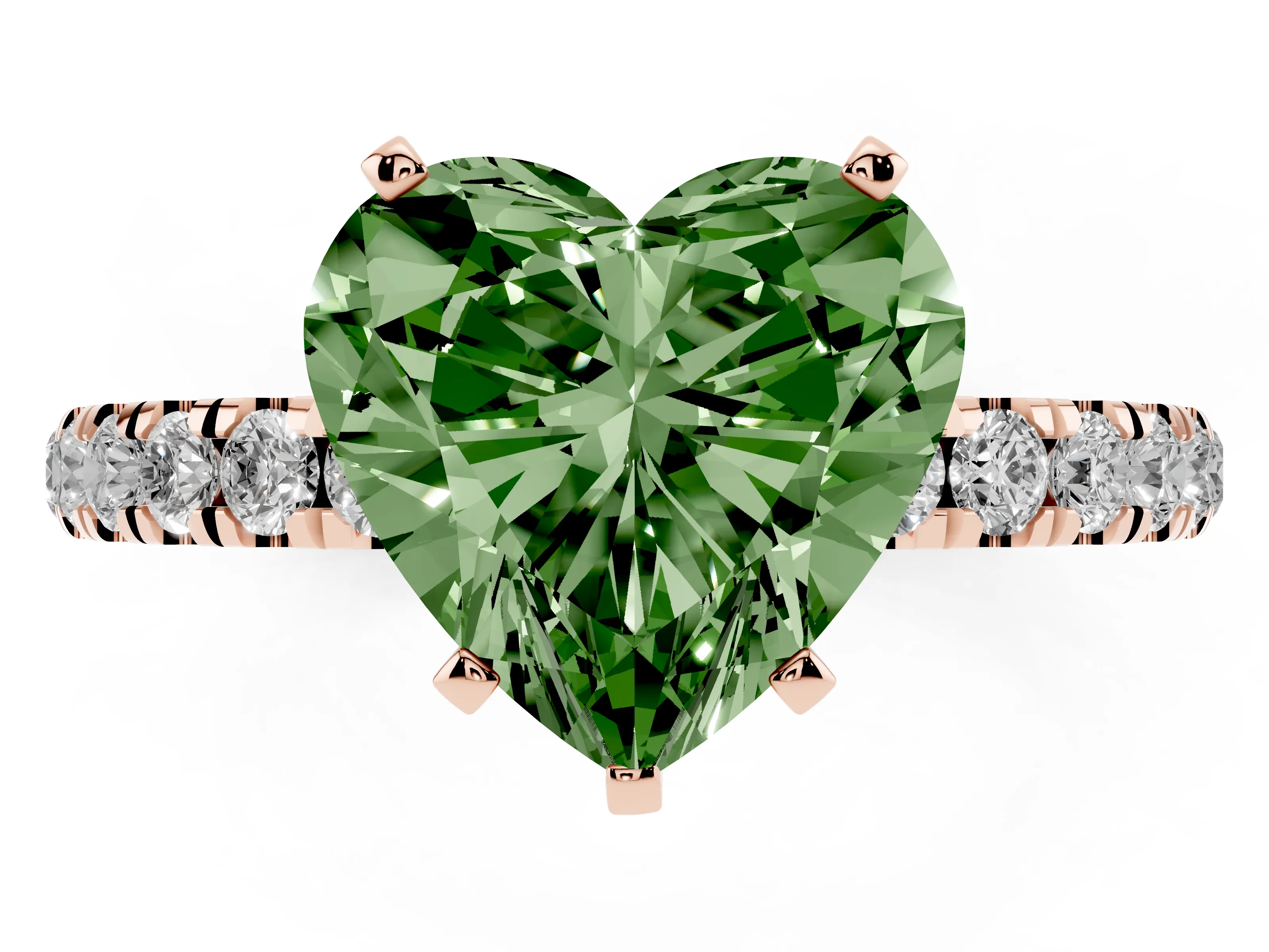 Fancy Green Heart Cut Diamond Solitaire Ring Set in Rose gold with Pavé Accents and Prong Setting