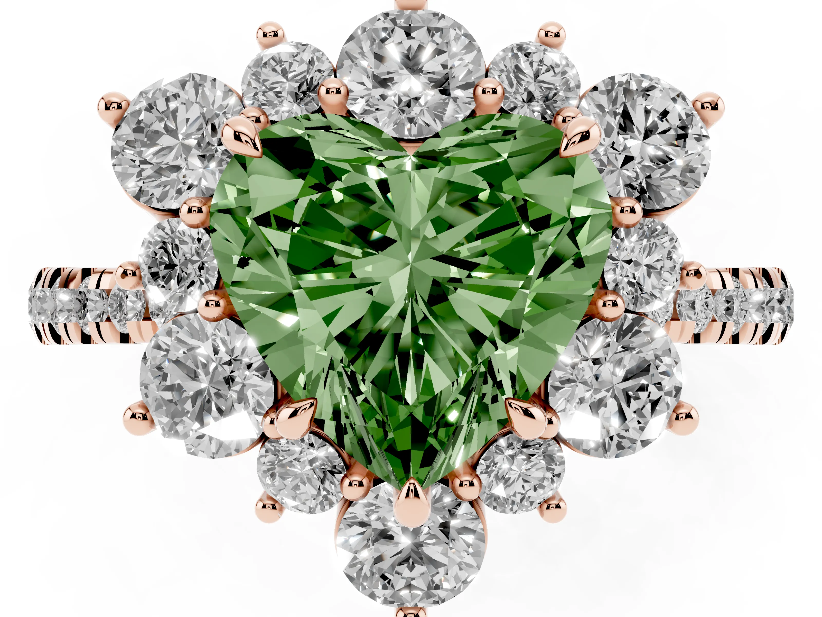 Fancy Green Heart Cut Diamond Floral Halo Ring Set in Rose gold with Round Pavé Band and Prong Setting