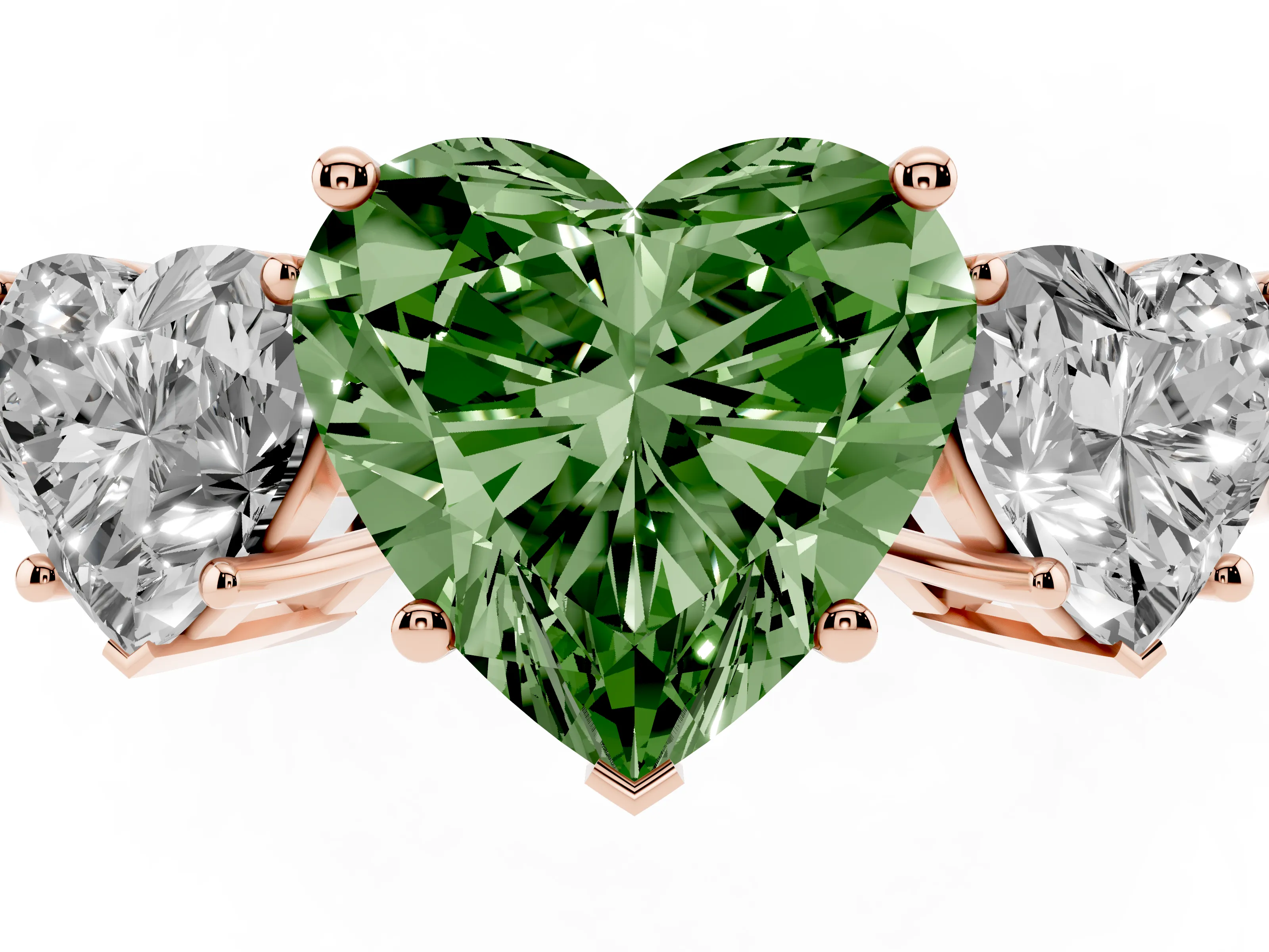 Fancy Green Heart Cut Diamond Three-Stone Engagement Ring Set in Rose gold with Flat Band