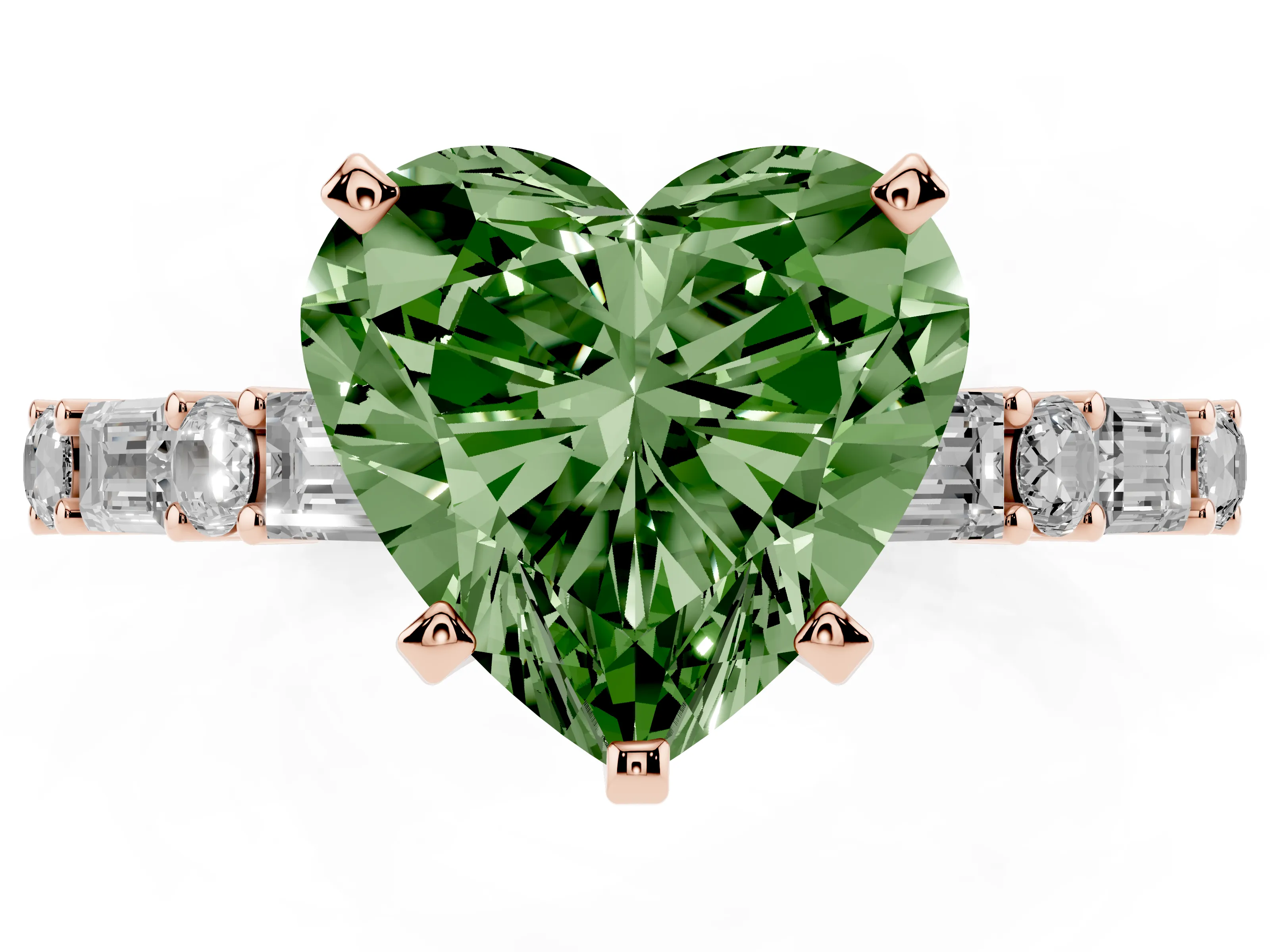 Fancy Green Heart Cut Diamond Solitaire Set in Rose gold with Side Baguettes and Channel Set Band