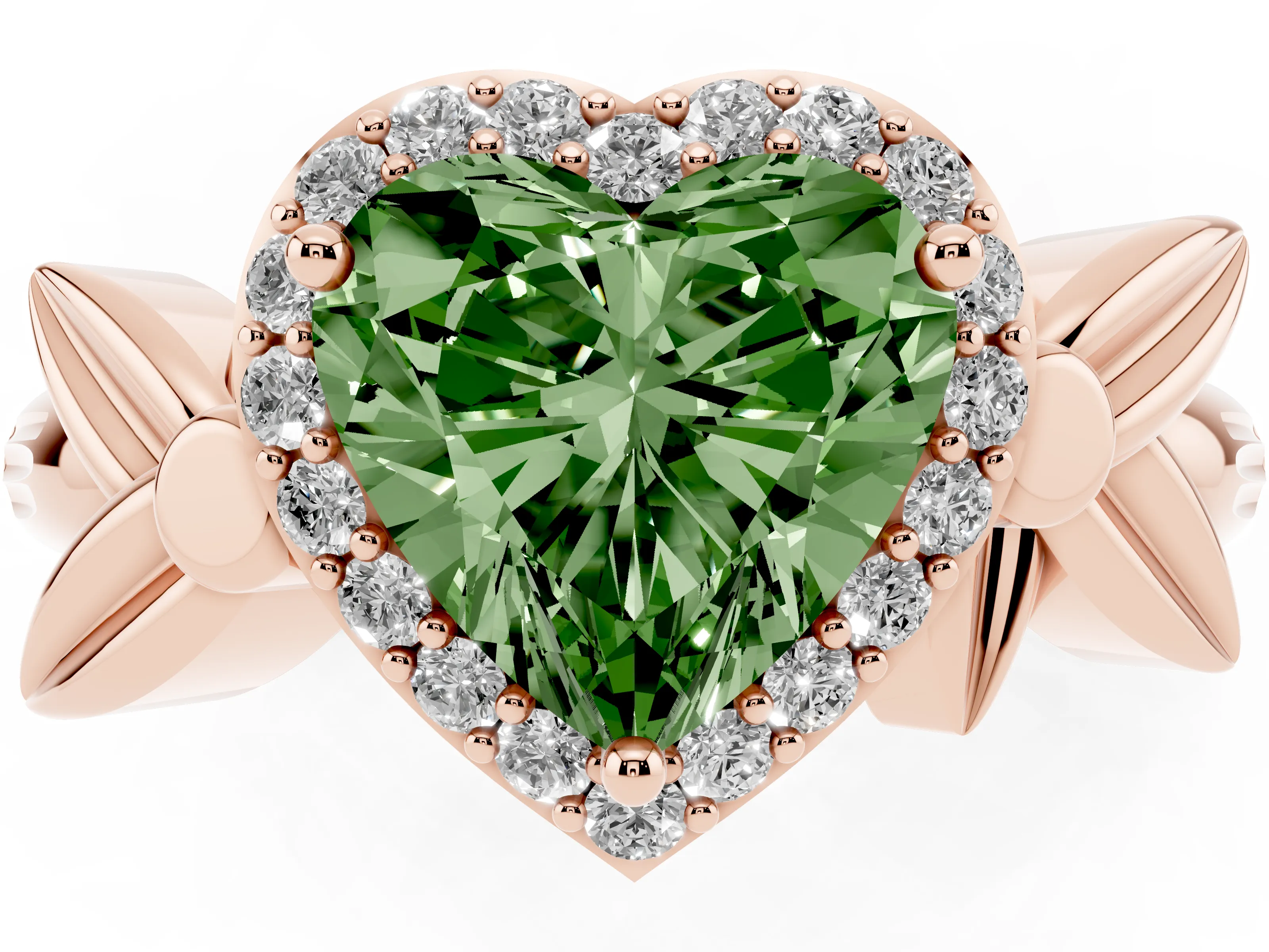 Fancy Green Heart Cut Diamond Halo Floral Band Ring Set in Rose gold with Prong Setting