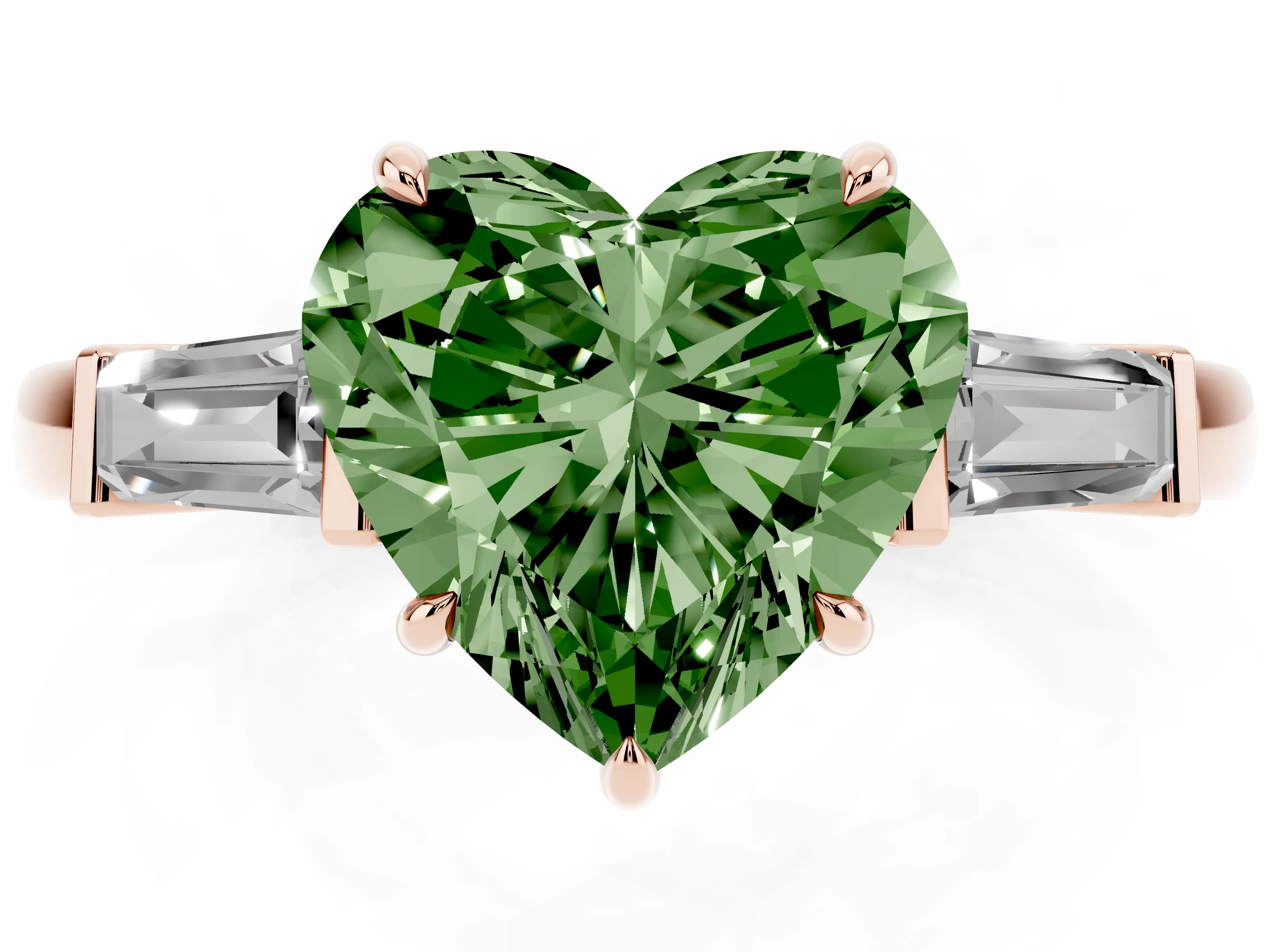 Fancy Green Heart Cut Diamond Three-Stone Ring Set in Rose gold with Tapered Baguette Side Stones and Prong Setting