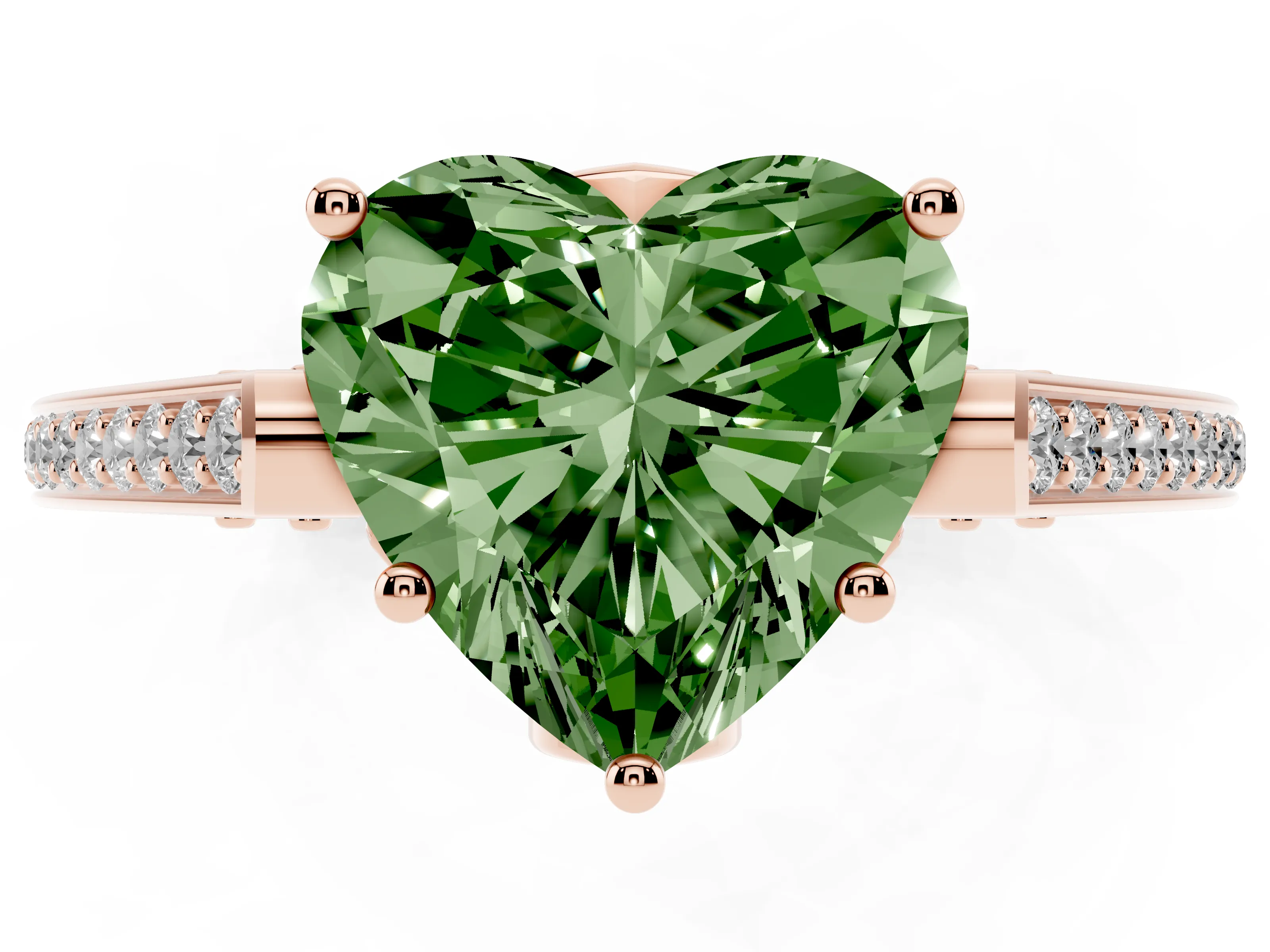 Fancy Green Heart Cut Diamond Cathedral Pavé Engagement Ring Set in Rose gold with Prong Setting