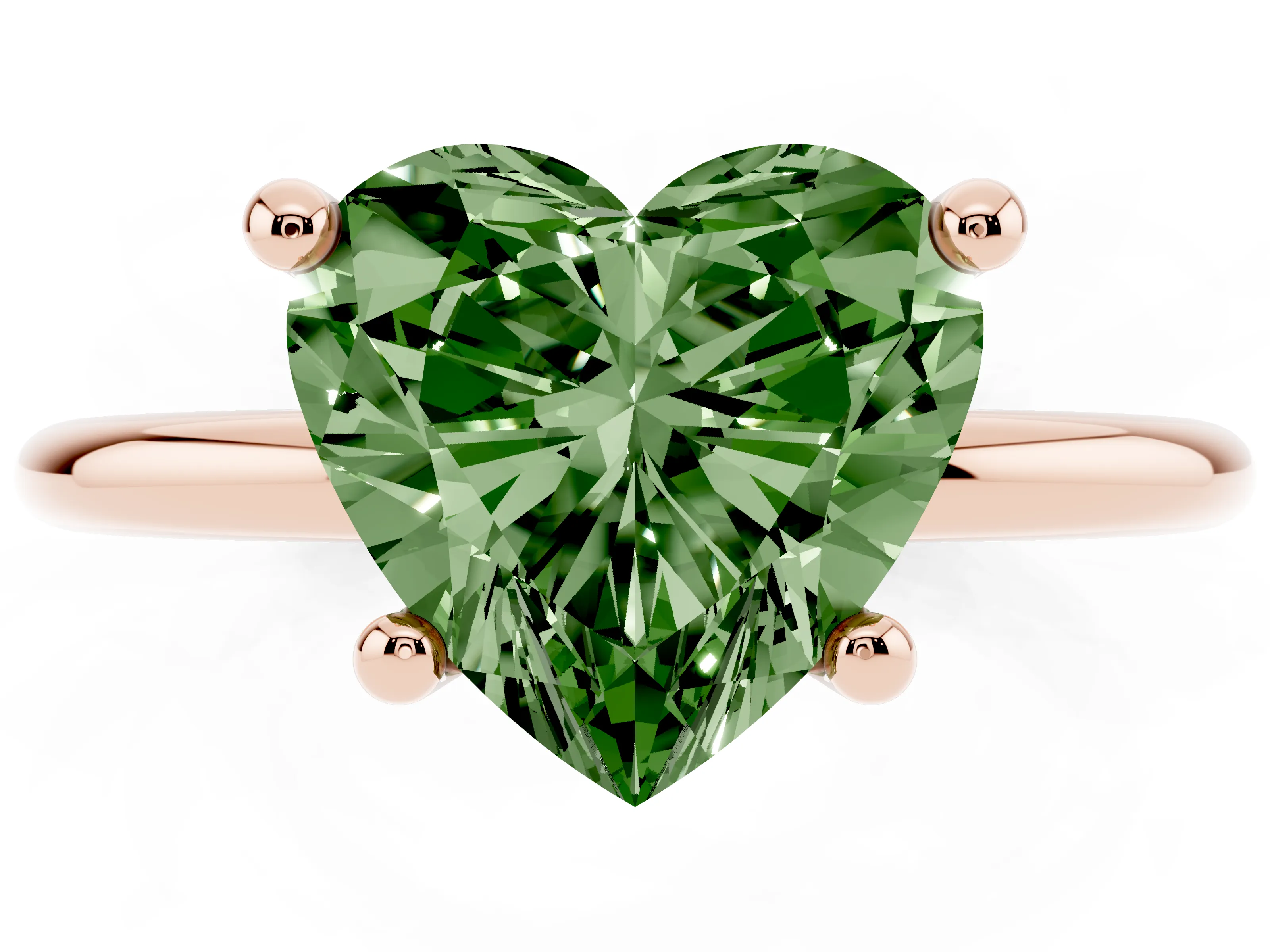 Fancy Green Heart Cut Diamond Solitaire Ring Set in Rose gold with Secure Prong Setting on a Classic Band