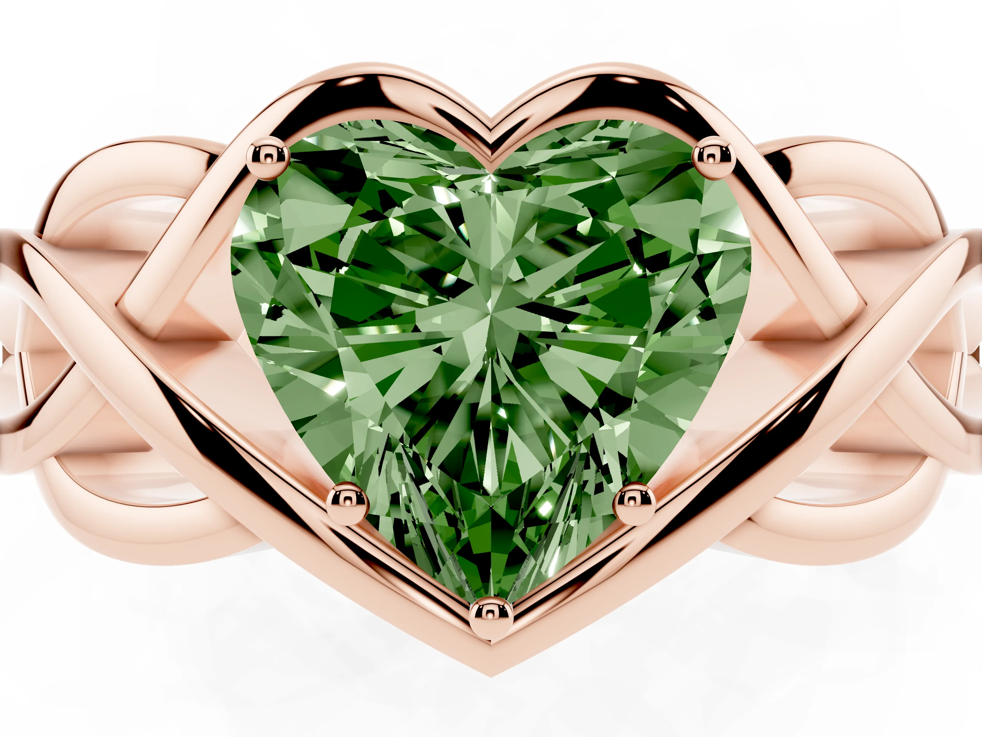 Fancy Green Heart Cut Diamond Solitaire Ring Set in Rose gold with Intertwined Band