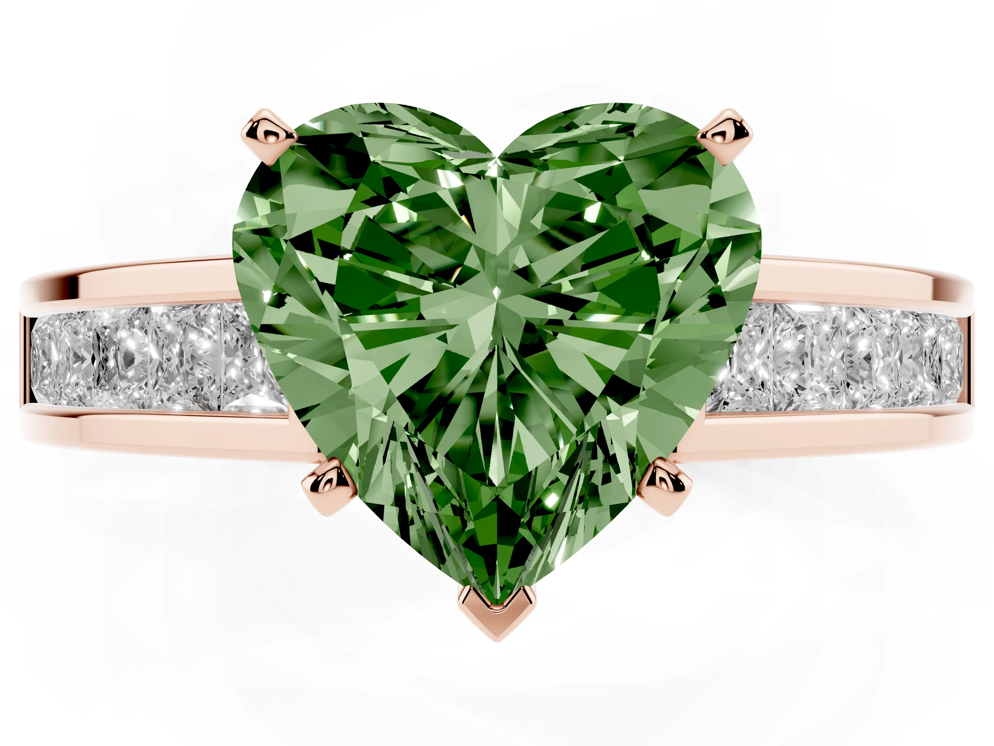 Fancy Green Heart Cut Diamond Solitaire Ring Set in Rose gold with Channel-Set Band and Prong Setting