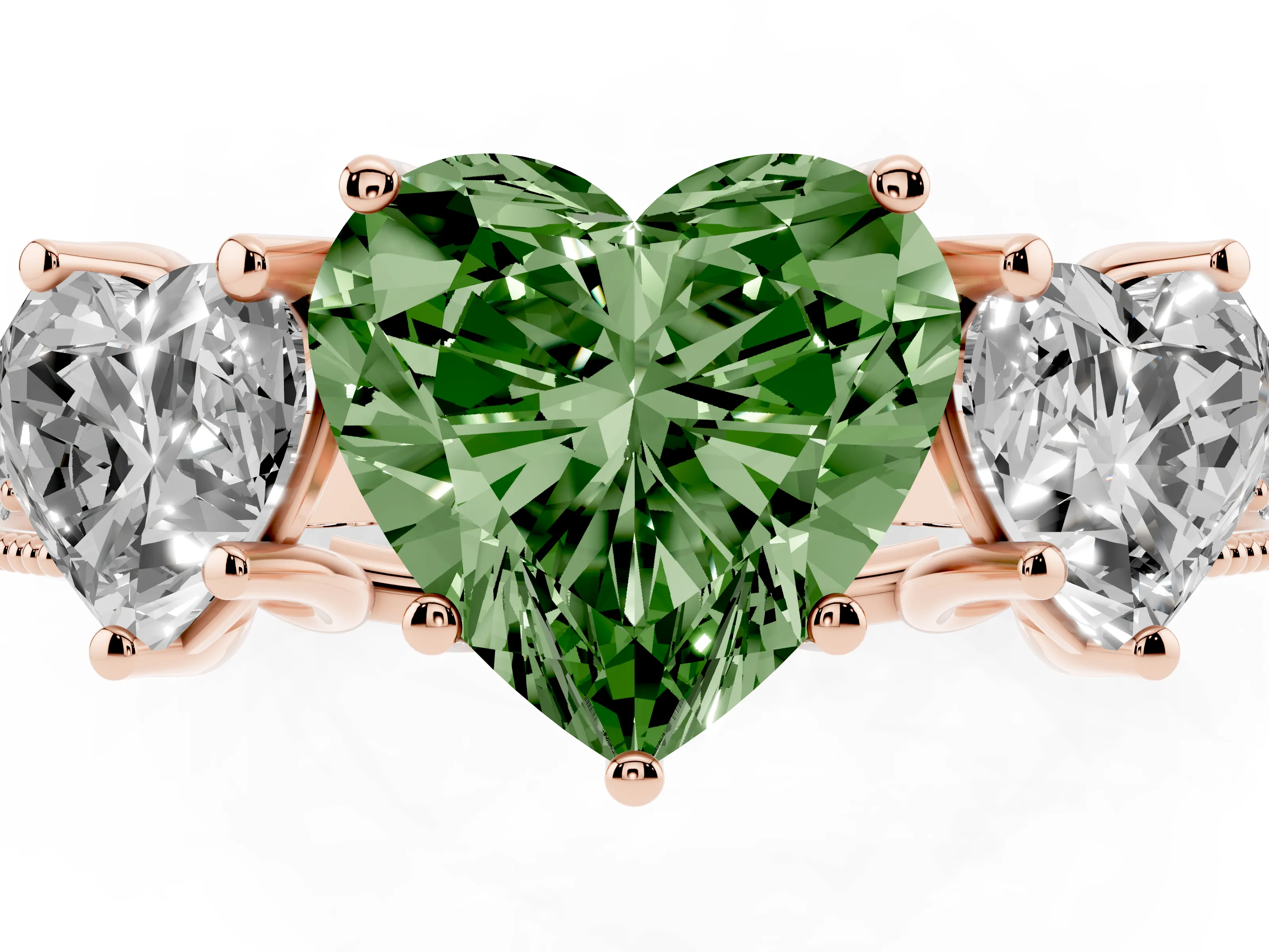 Fancy Green Heart Cut Diamond Three-Stone Engagement Ring Set in Rose gold with Milgrain Pavé Band
