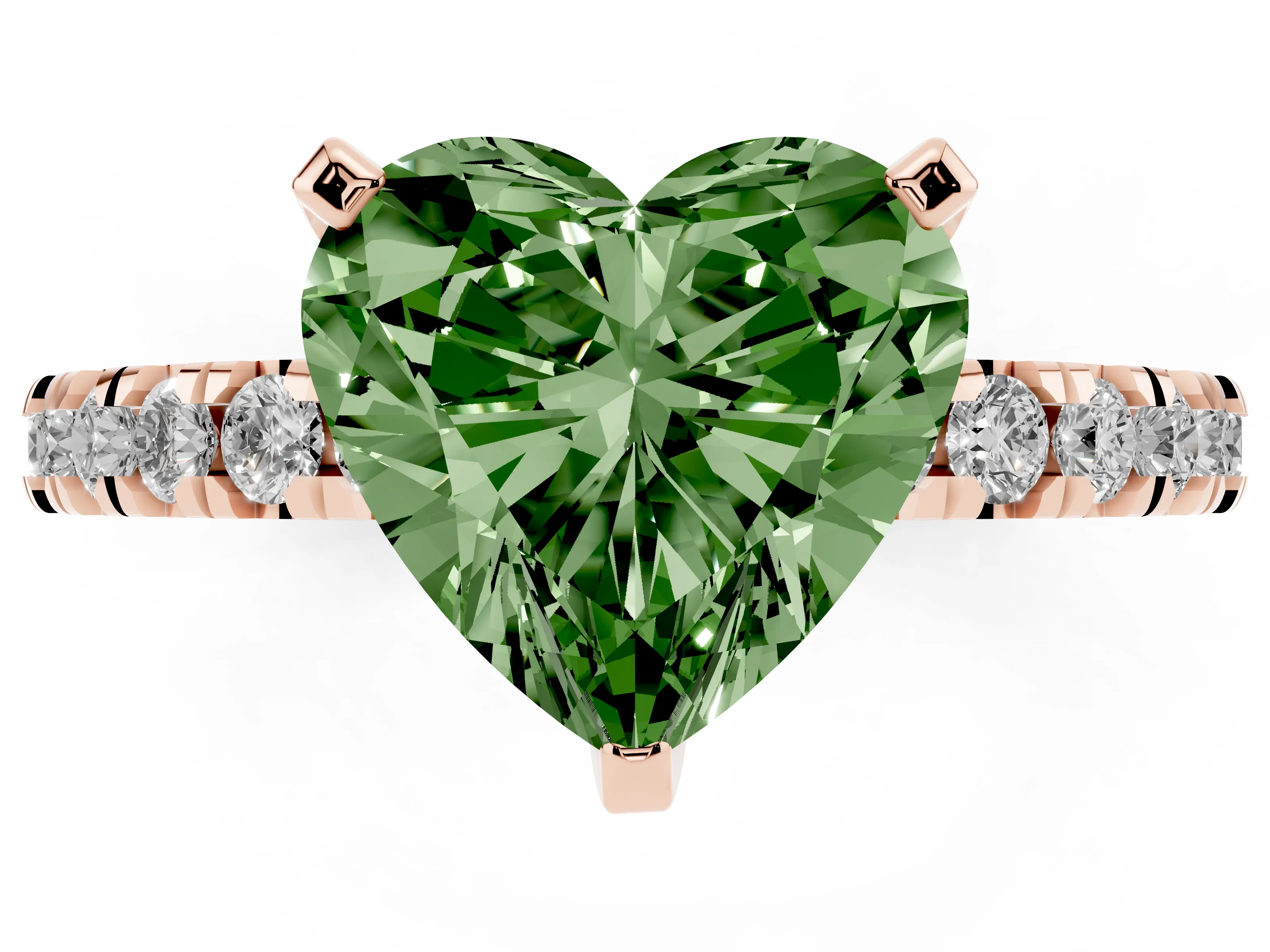 Fancy Green Heart Cut Diamond Pavé Band Solitaire Set in Rose gold with Prong Setting