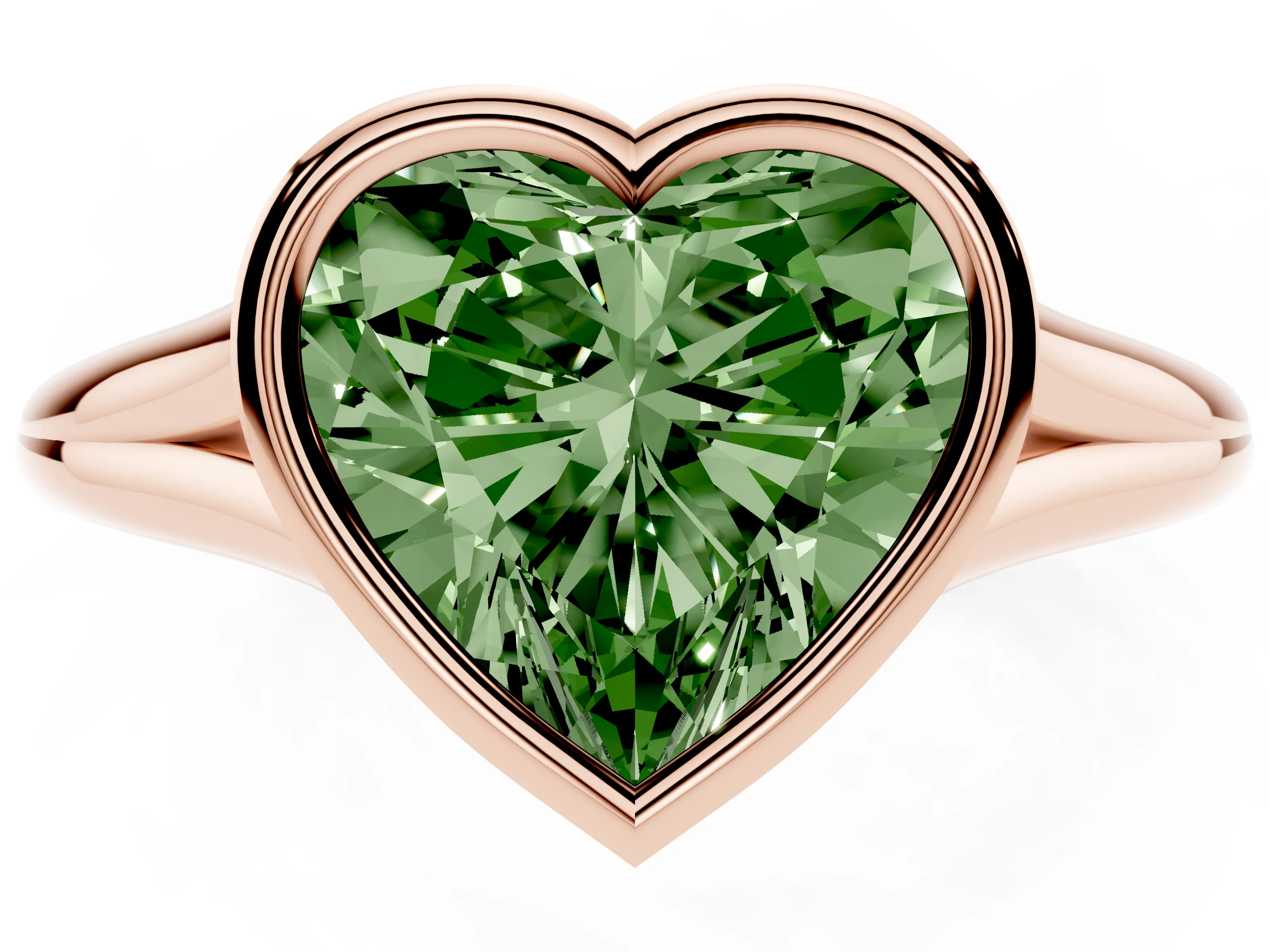 Fancy Green Bezel Set Heart Cut Diamond Solitaire Ring Set in Rose gold with Tapered Band