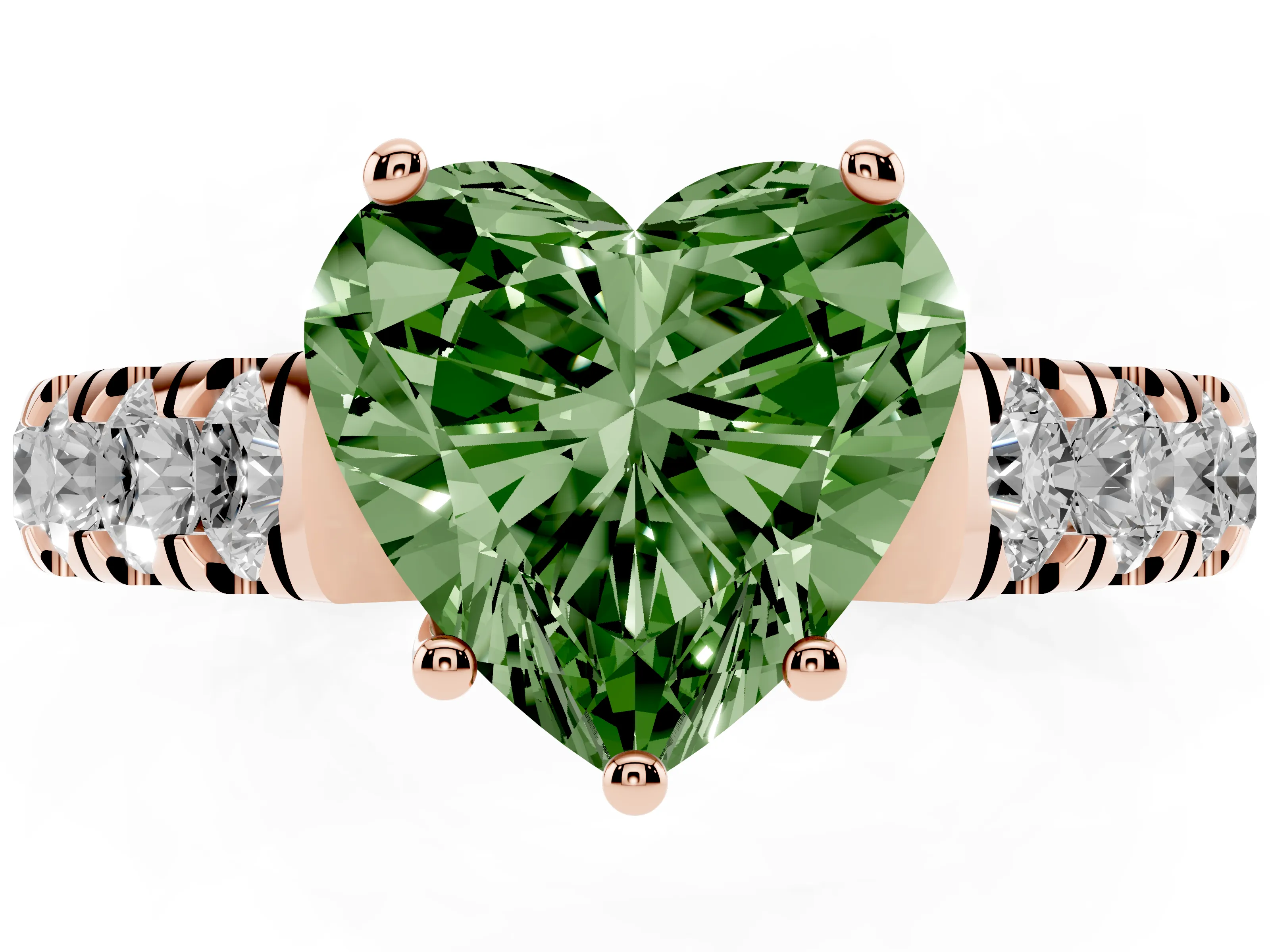Fancy Green Heart Cut Diamond Solitaire Ring Set in Rose gold with Cut-Down Micro Pavé Band and Prong Setting