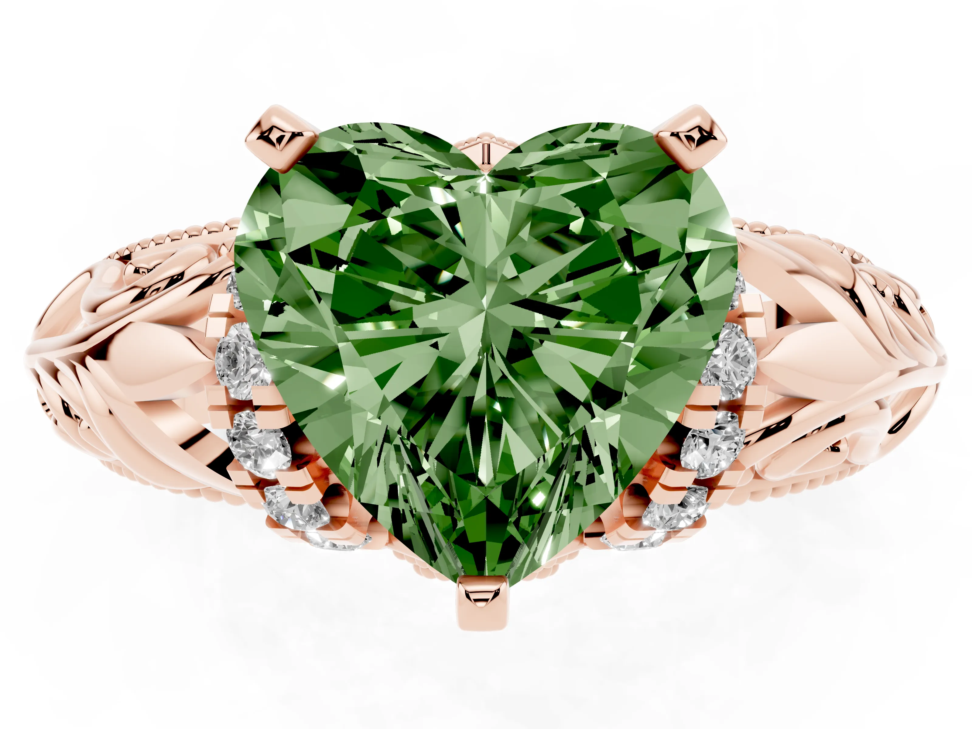 Fancy Green Heart Cut Diamond Filigree Halo Engagement Ring Set in Rose gold with Prong Setting