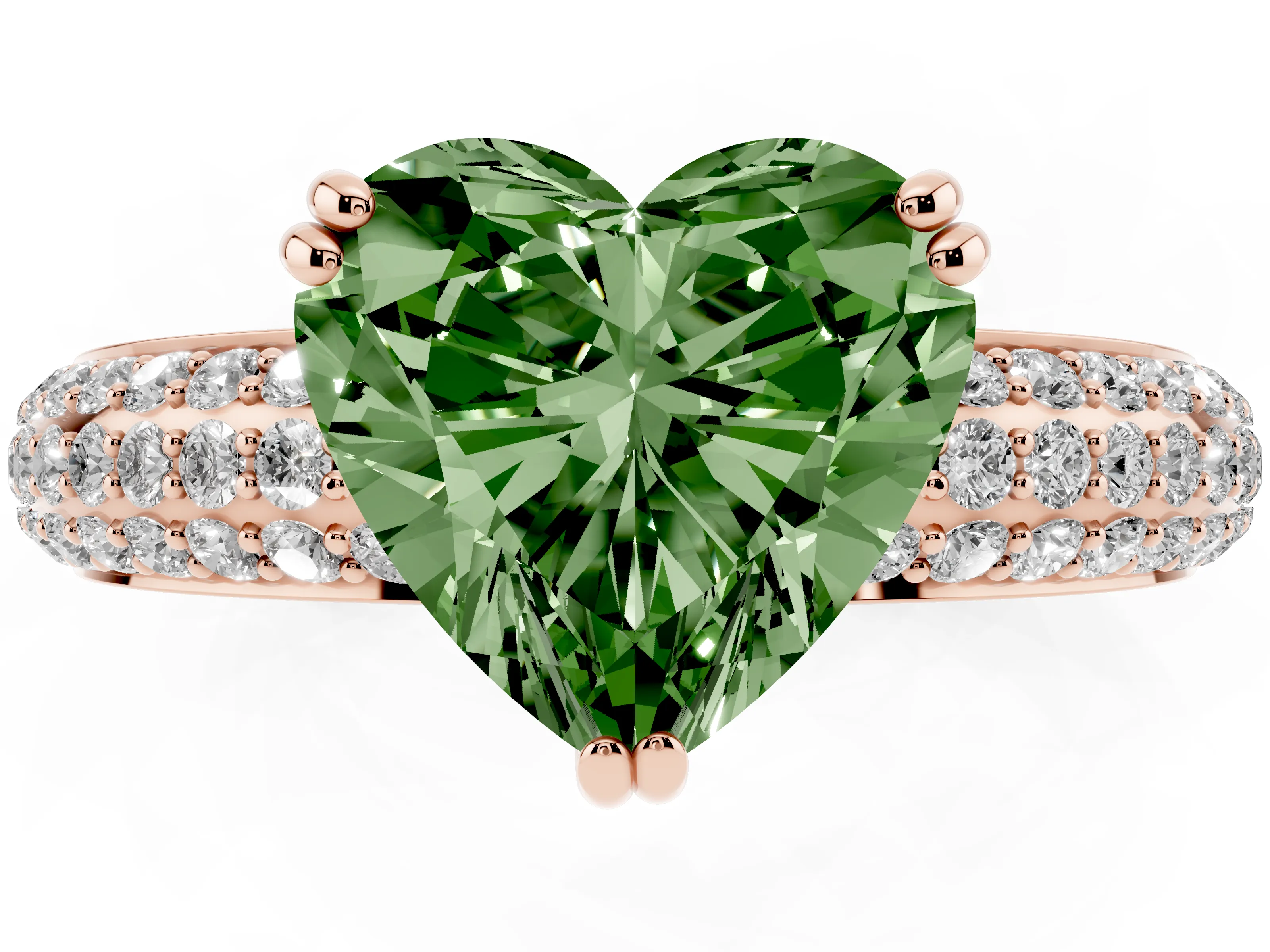 Fancy Green Heart Cut Diamond Solitaire Ring Set in Rose gold with Multi-Row Round Pavé Band and Prong Setting