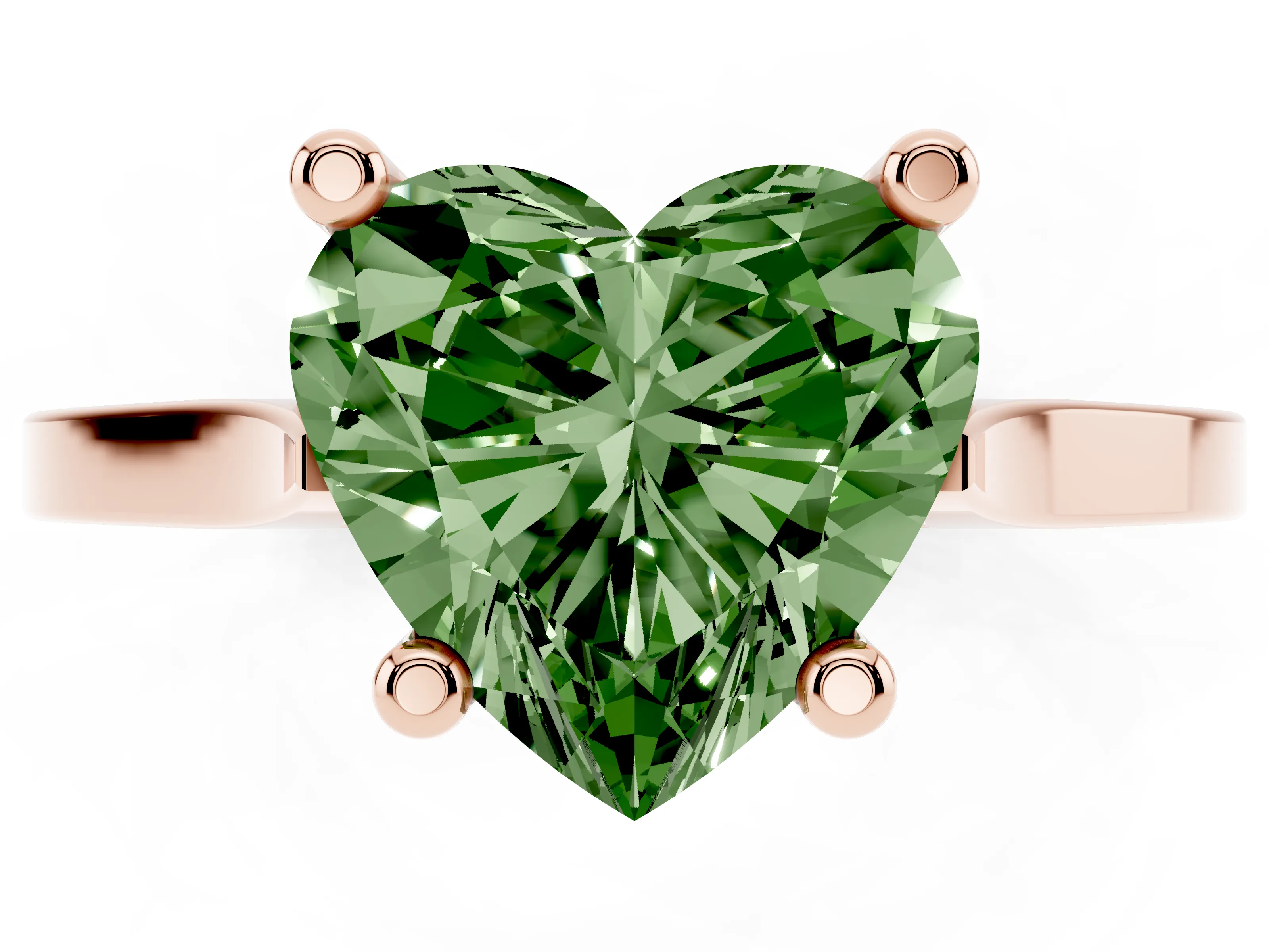 Fancy Green Heart Cut Diamond Solitaire Ring Set in Rose gold with Prong Setting and Tapered Band