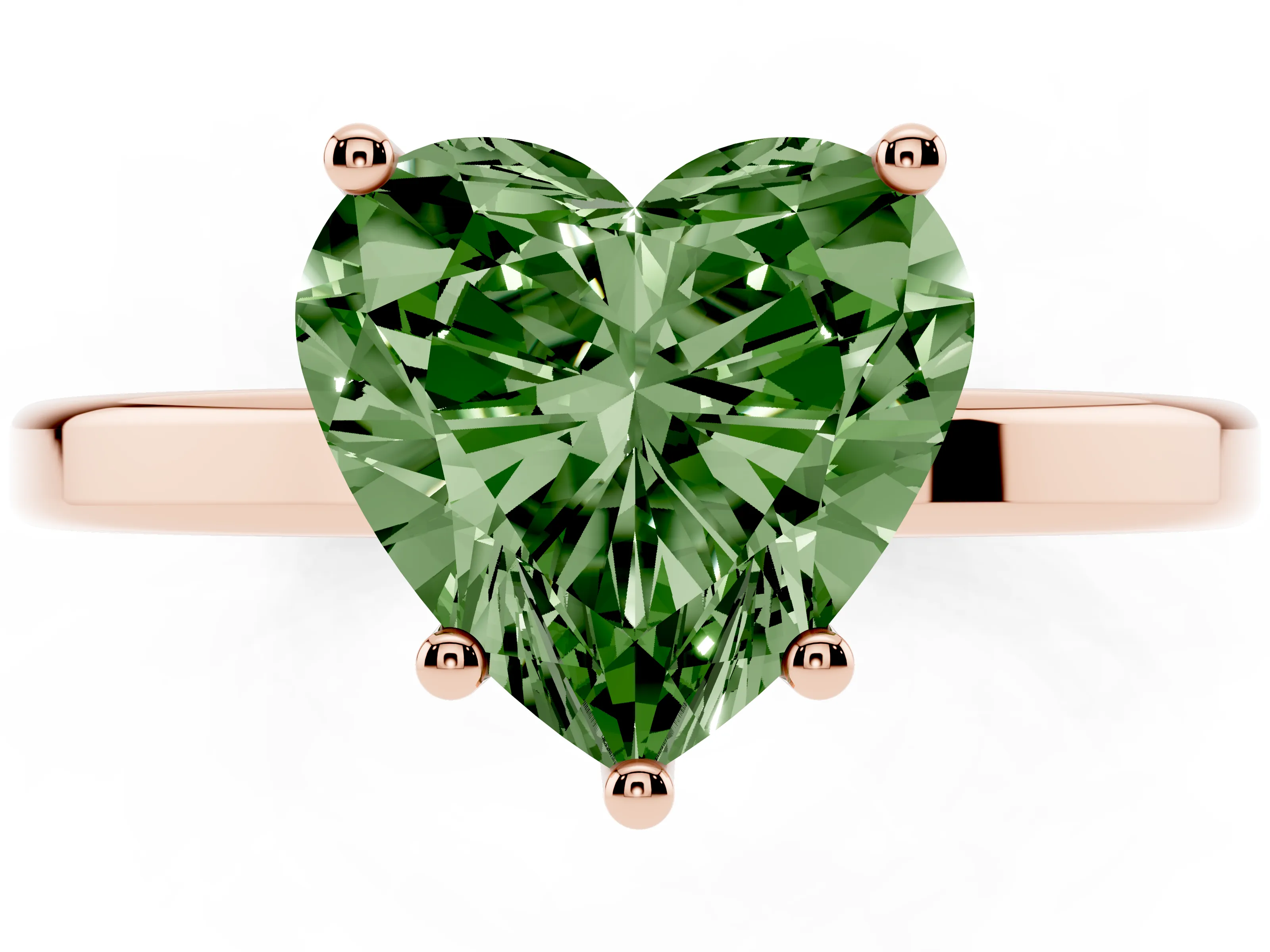 Fancy Green Heart Cut Diamond Solitaire Engagement Ring Set in Rose gold with Prong Setting on a Plain Band
