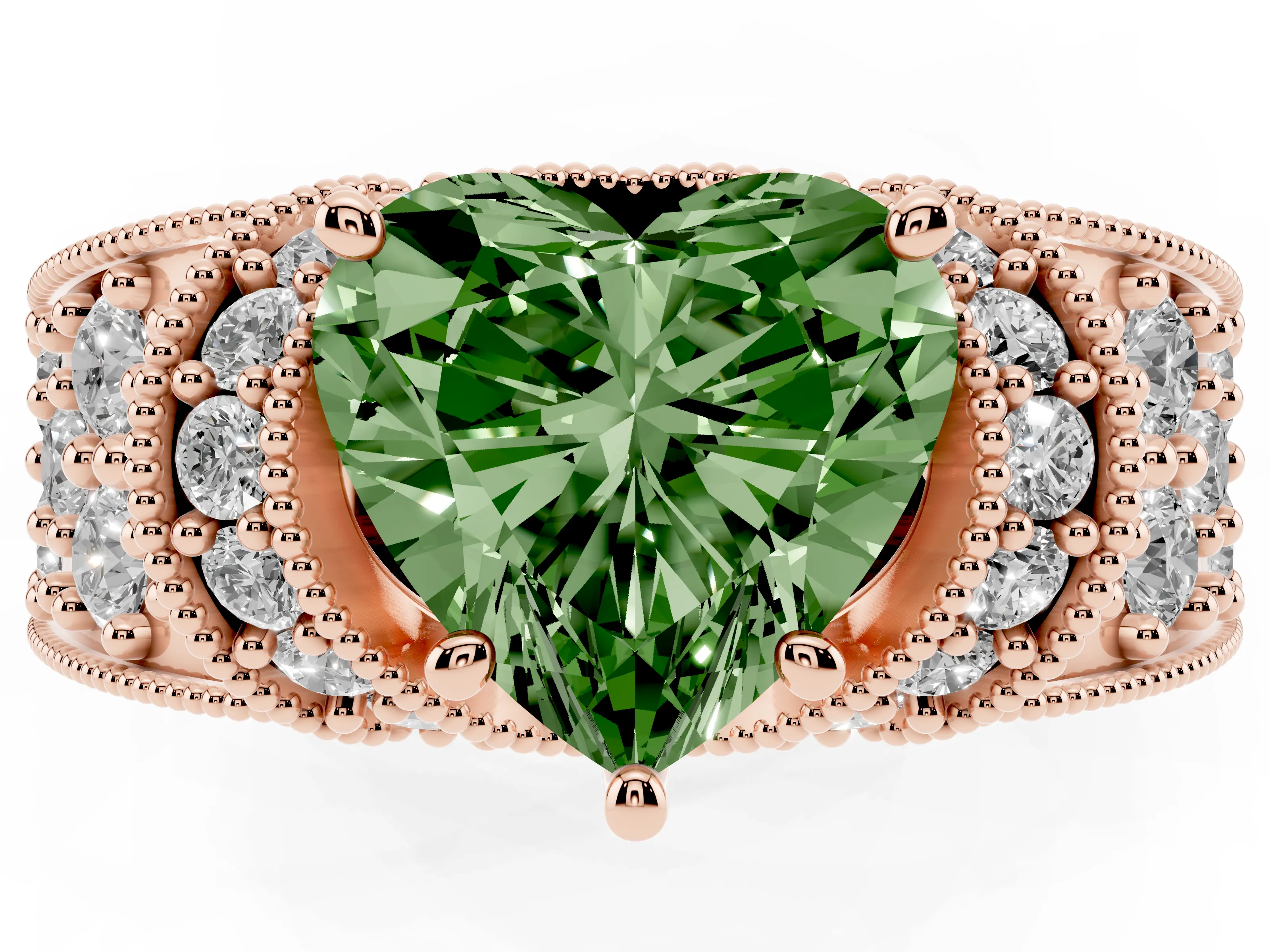 Fancy Green Heart Cut Diamond Milgrain Halo Pavé Engagement Ring Set in Rose gold with Prong Setting