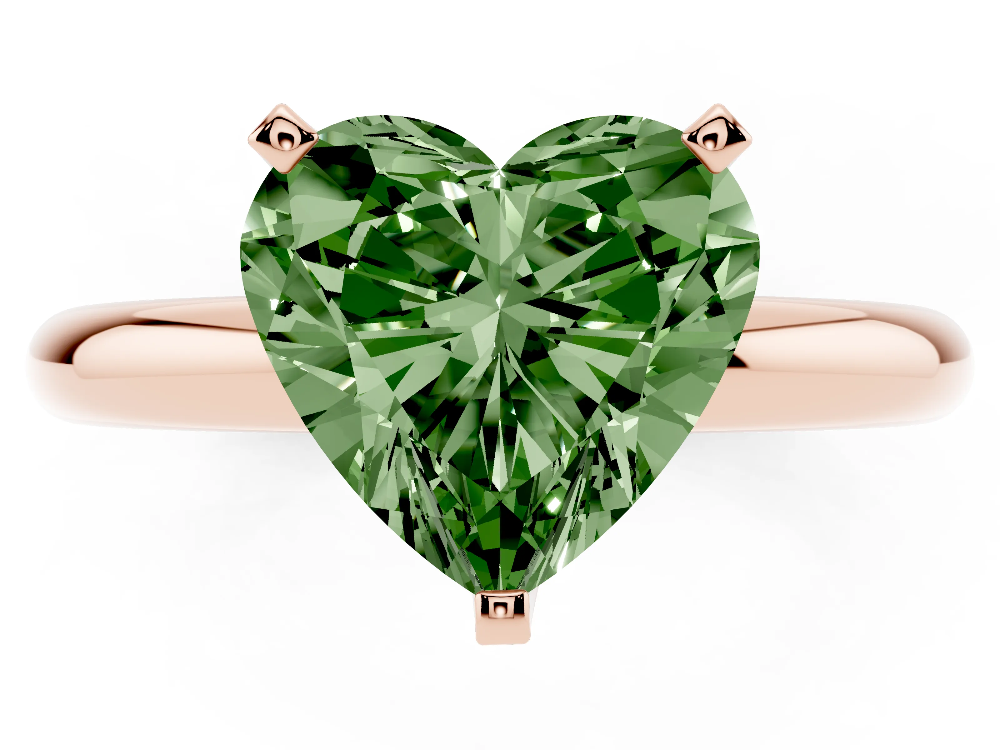 Fancy Green Heart Cut Diamond Solitaire Engagement Ring Set in Rose gold with Round Band and Prong Setting