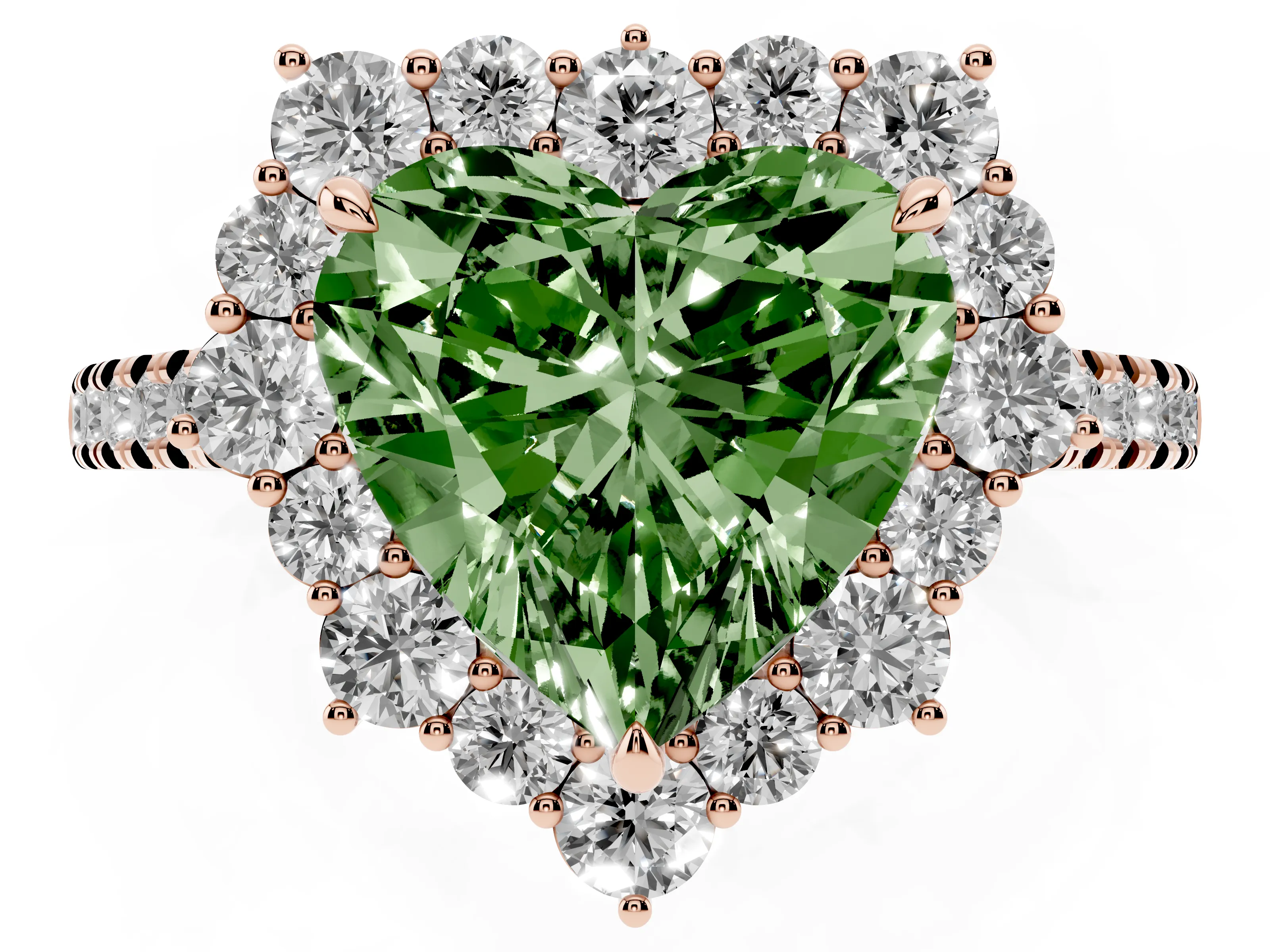 Fancy Green Heart Cut Diamond Halo Ring Set in Rose gold with Pavé Band and Prong Setting