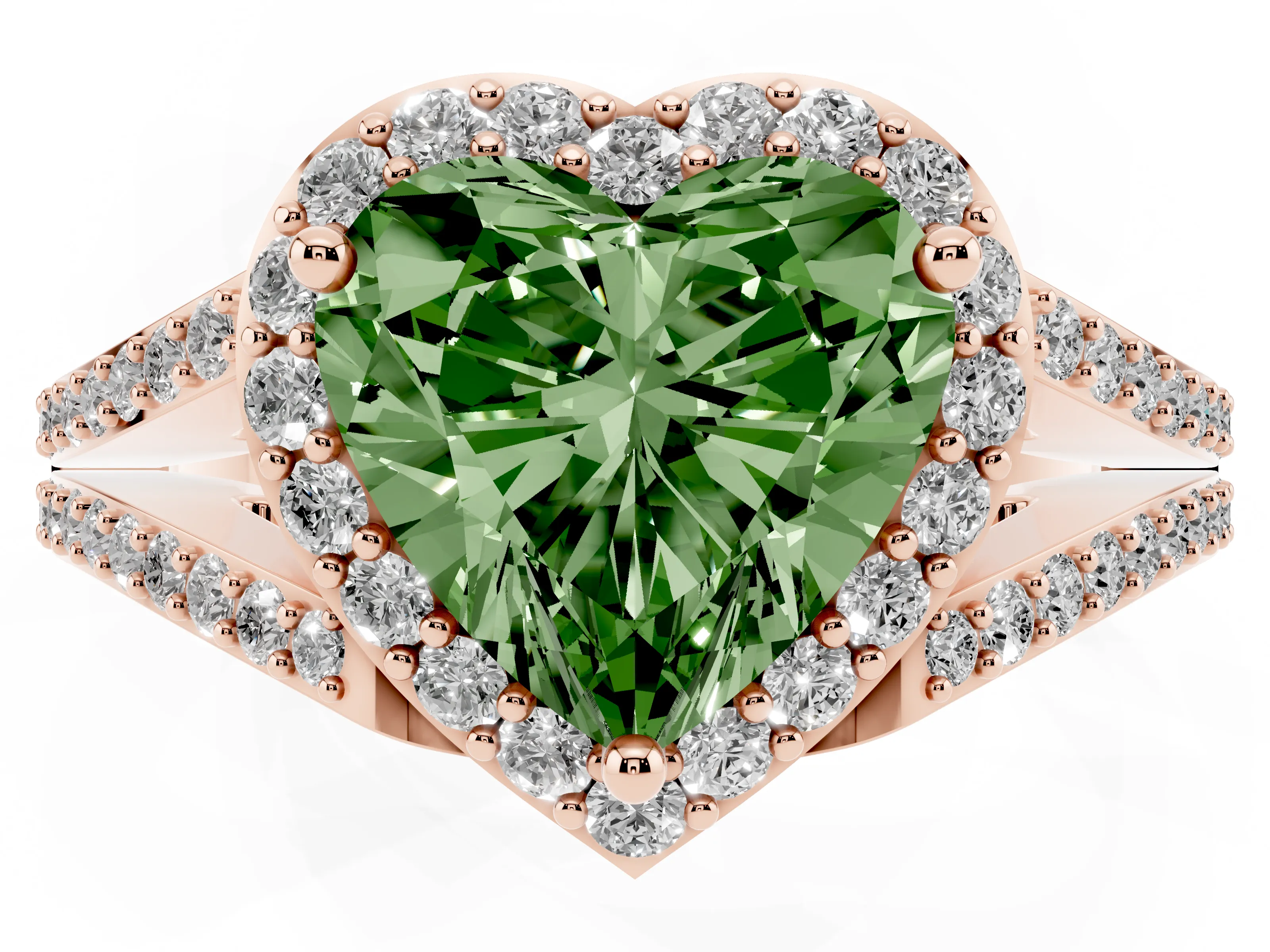 Fancy Green Heart Cut Diamond Halo Split Shank Pavé Ring Set in Rose gold with Prong Setting