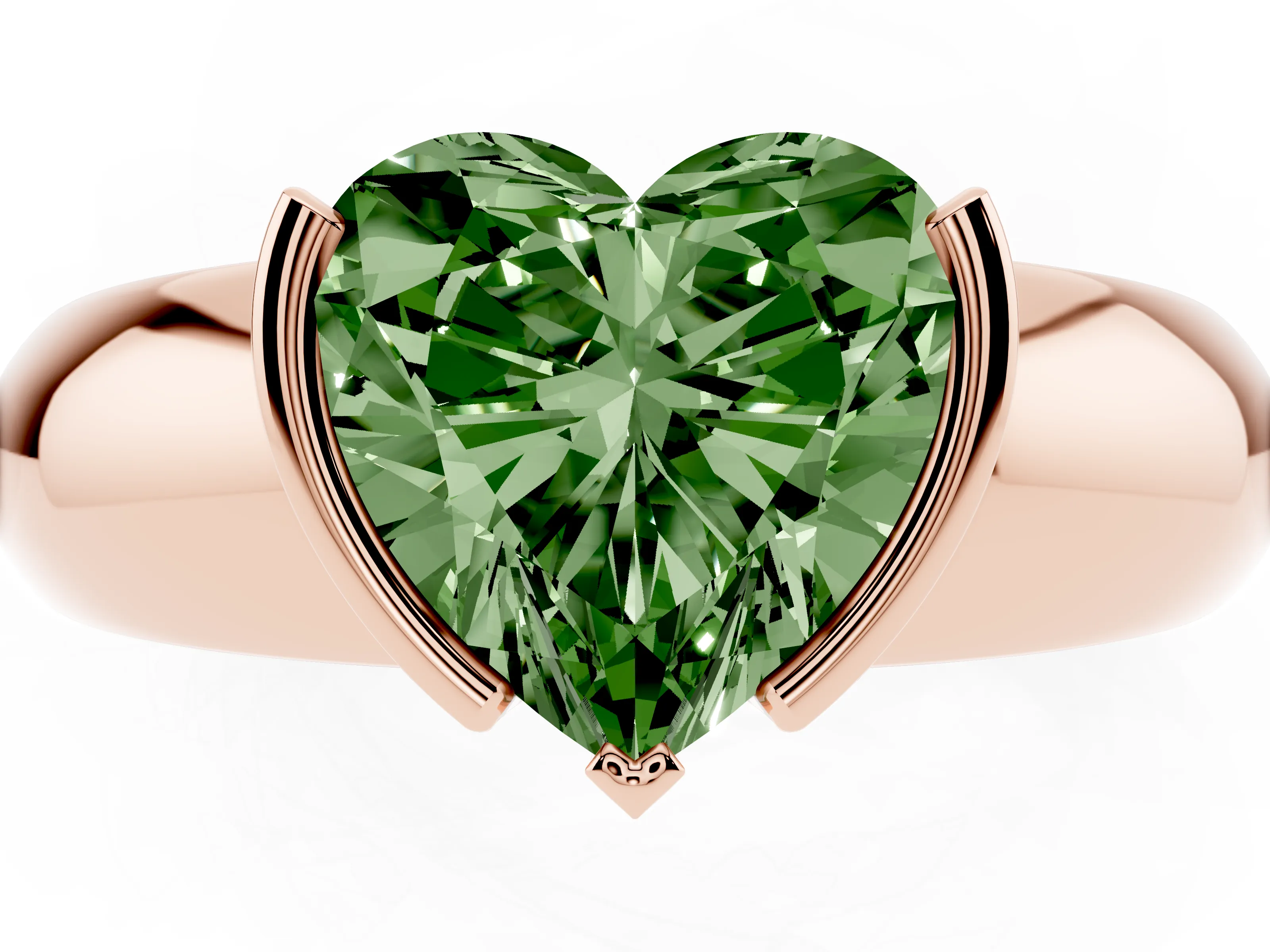 Fancy Green Heart Cut Diamond Solitaire Tension Set Ring Set in Rose gold with Wide Band