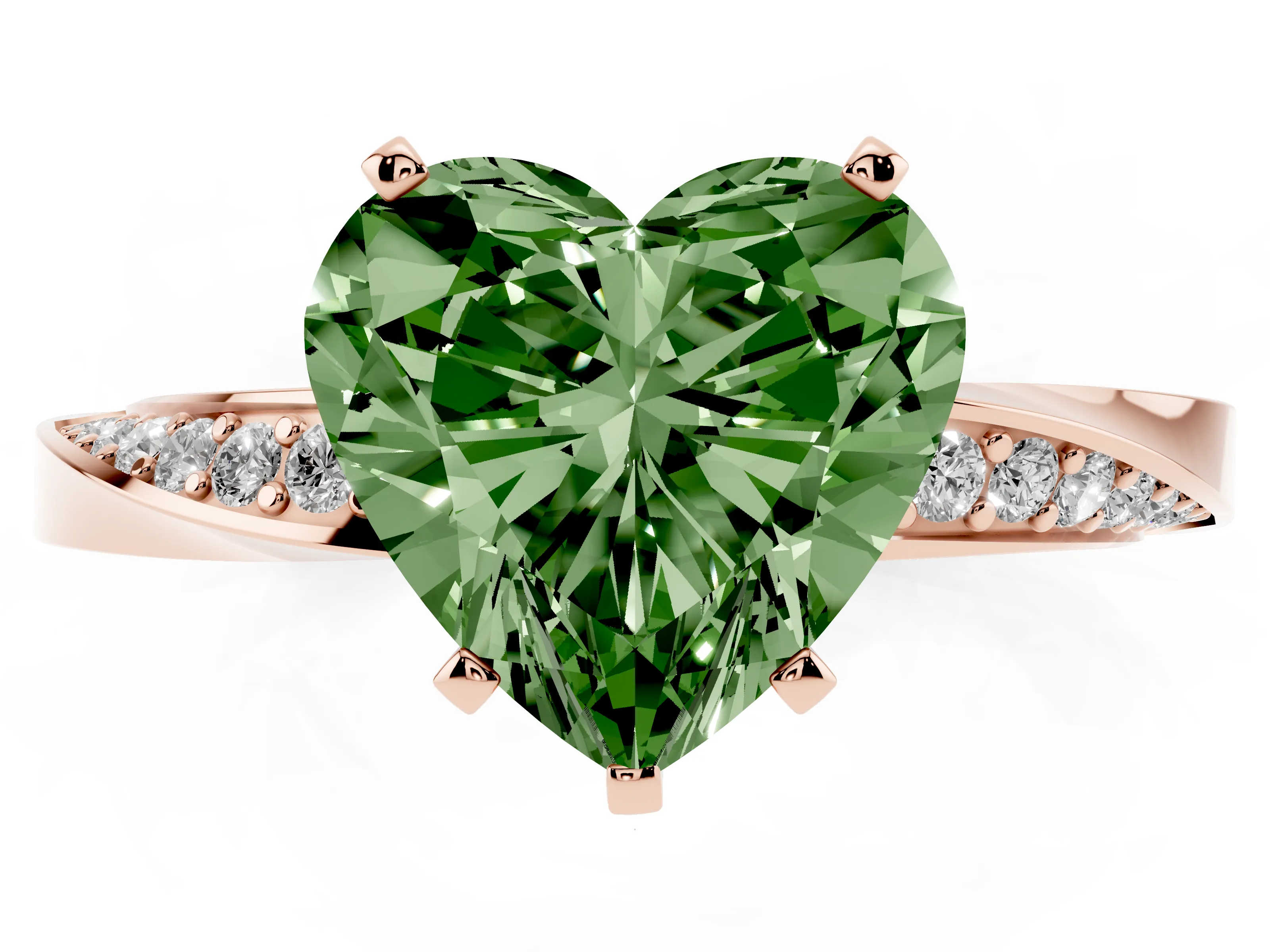 Fancy Green Heart Cut Diamond Engagement Ring Set in Rose gold with Side Stone Accents and Prong Setting