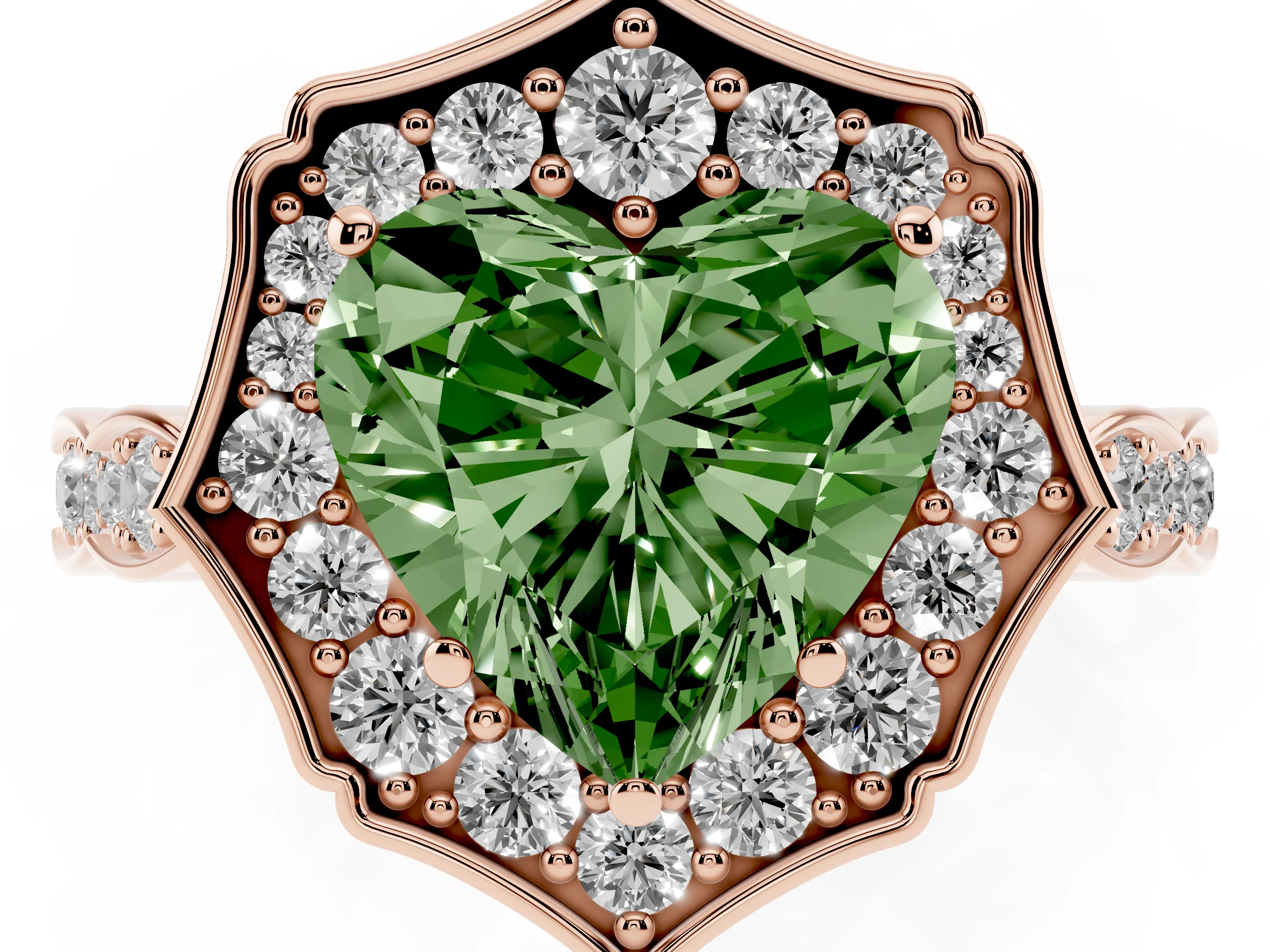 Fancy Green Heart Cut Diamond Halo Engagement Ring Set in Rose gold with Milgrain Band and Prong Setting