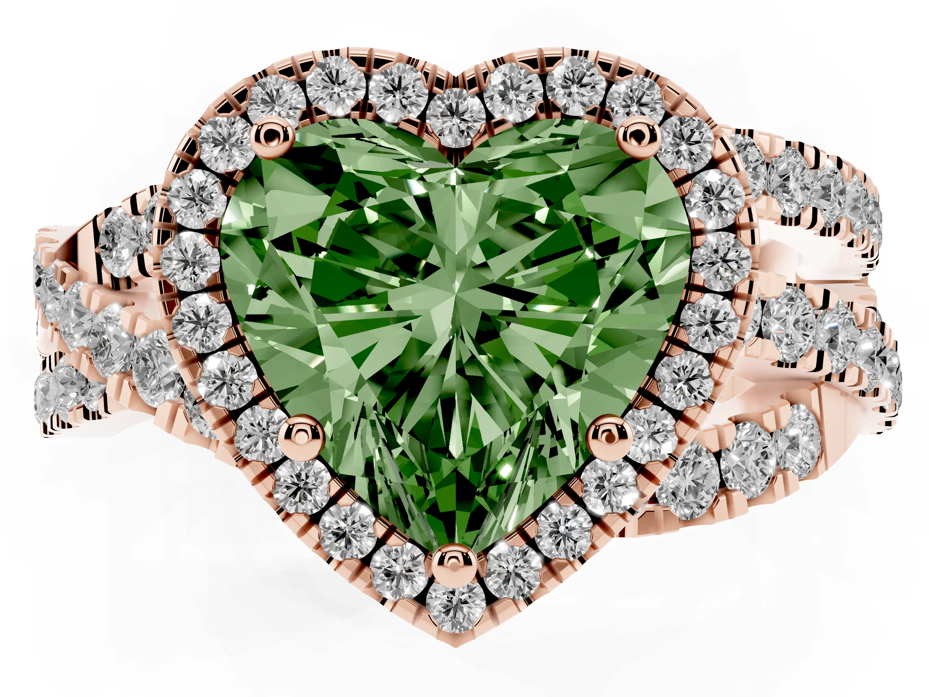 Fancy Green Heart Cut Diamond Halo Ring Set in Rose gold with Round Crossover Split Shank and Prong Setting