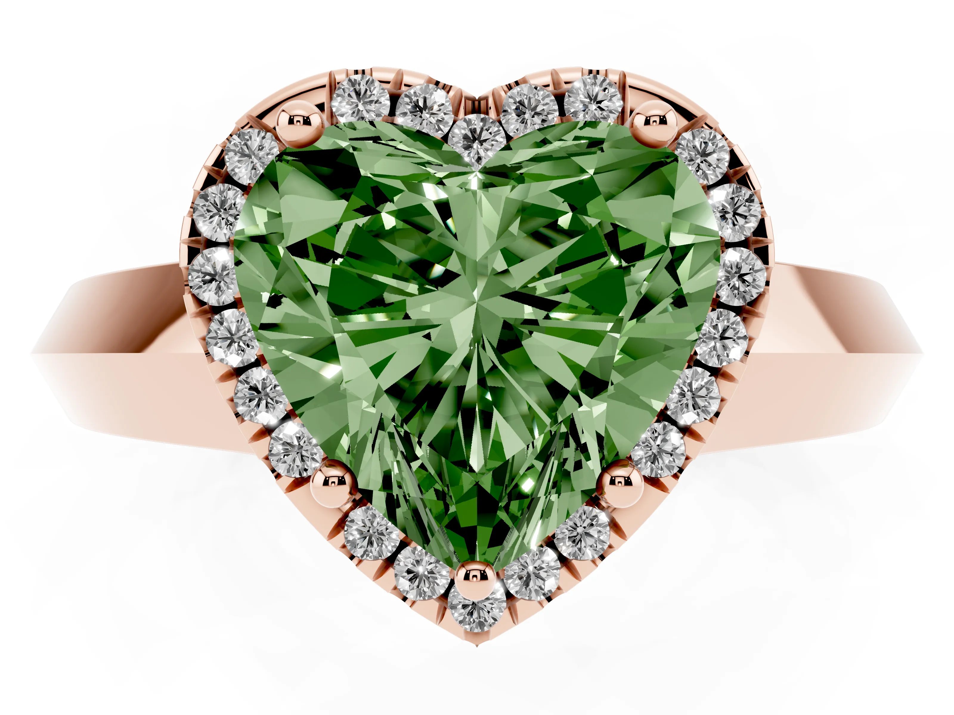 Fancy Green Heart Cut Diamond Halo Ring Set in Rose gold with Cathedral Band and Prong Setting