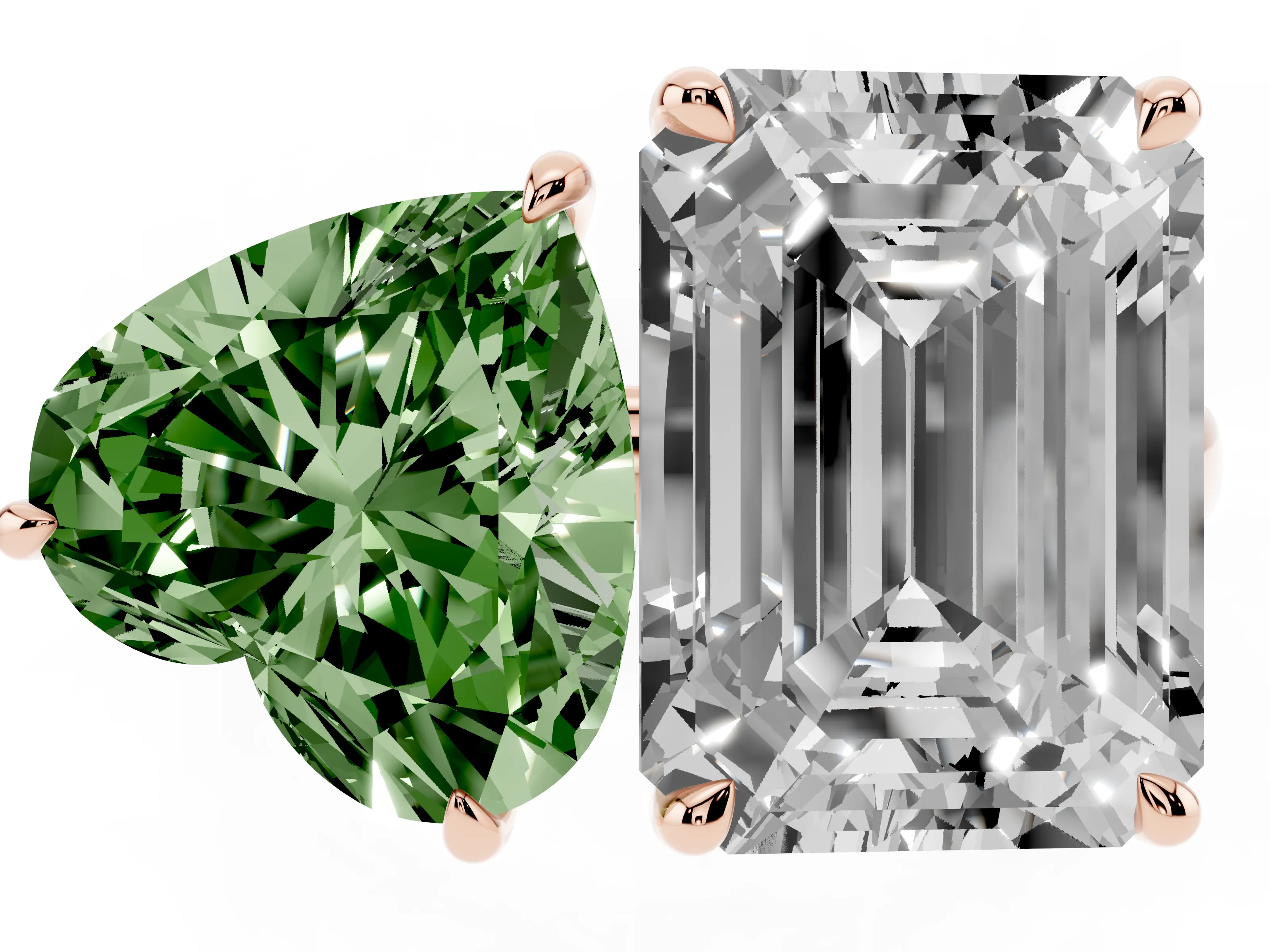 Fancy Green Heart Cut and Emerald Cut Toi Moi Ring Set in Rose gold with Prong Setting