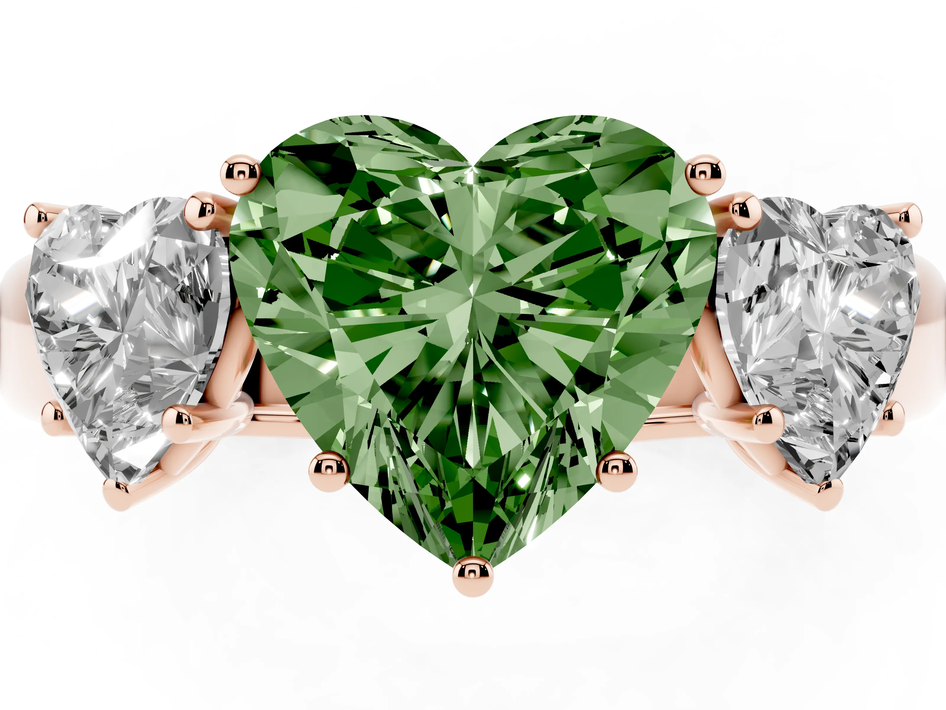 Fancy Green Three-Stone Heart Cut Diamond Ring Set in Rose gold with Matching Prong Settings and Plain Band