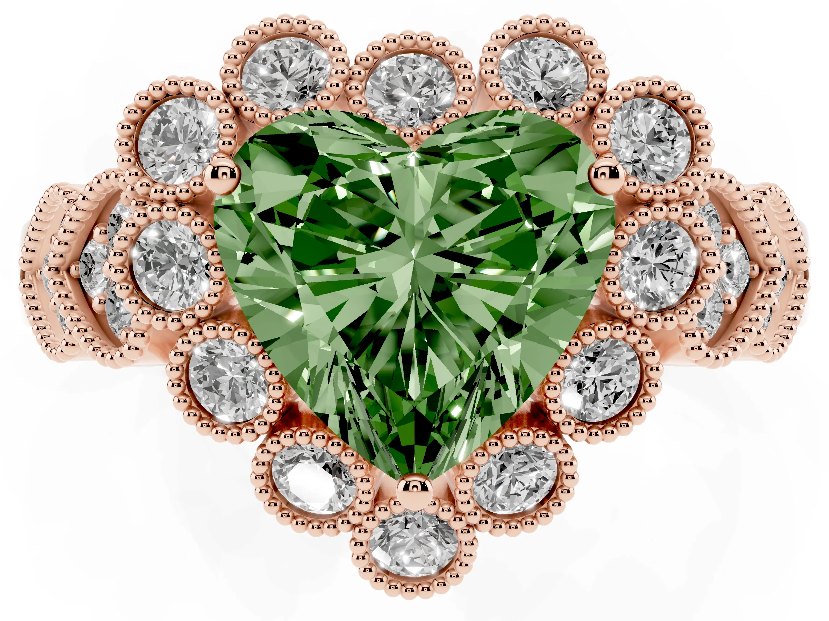 Fancy Green Heart Cut Diamond Solitaire Ring Set in Rose gold with Milgrain Pavé Heart Band